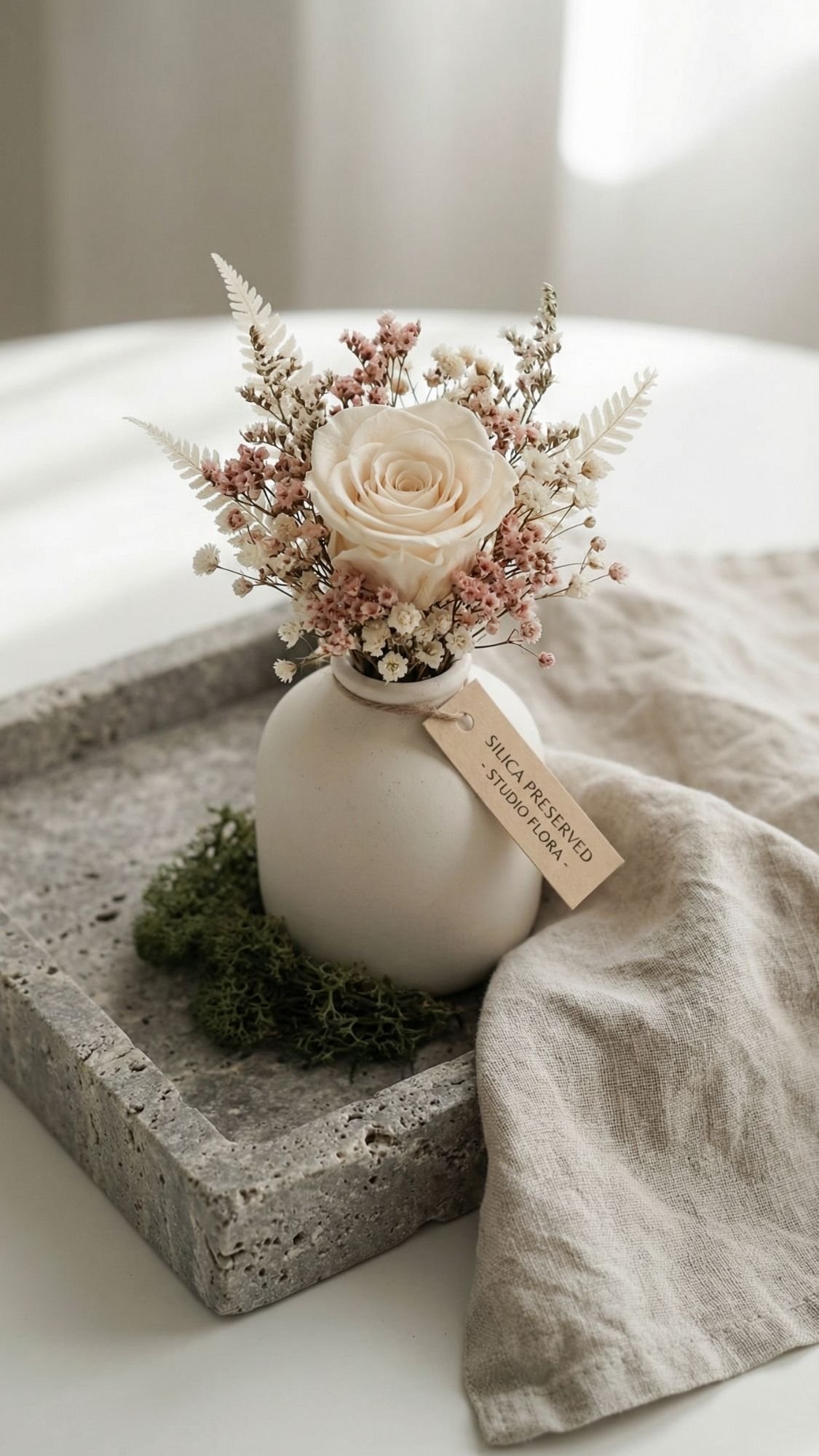 A small white vase holds preserved flowers—a cream rose, pink baby’s breath, and white fern leaves—set on a stone tray with moss and a beige cloth. A tag on the vase reads Silica Preserved Studio Floran. Perfect for DIY flower gifts.