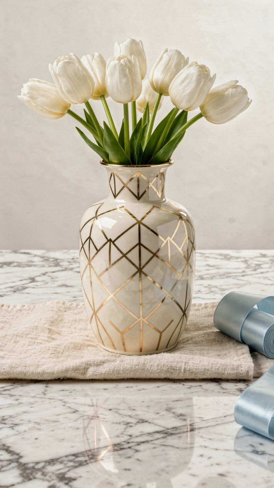 A white ceramic vase with gold geometric patterns holds a bouquet of white tulips, placed on a beige cloth on a marble surface—an elegant idea for DIY gifts or Mother’s Day gifts. Two metallic blue ribbons are rolled up at the right side of the vase.