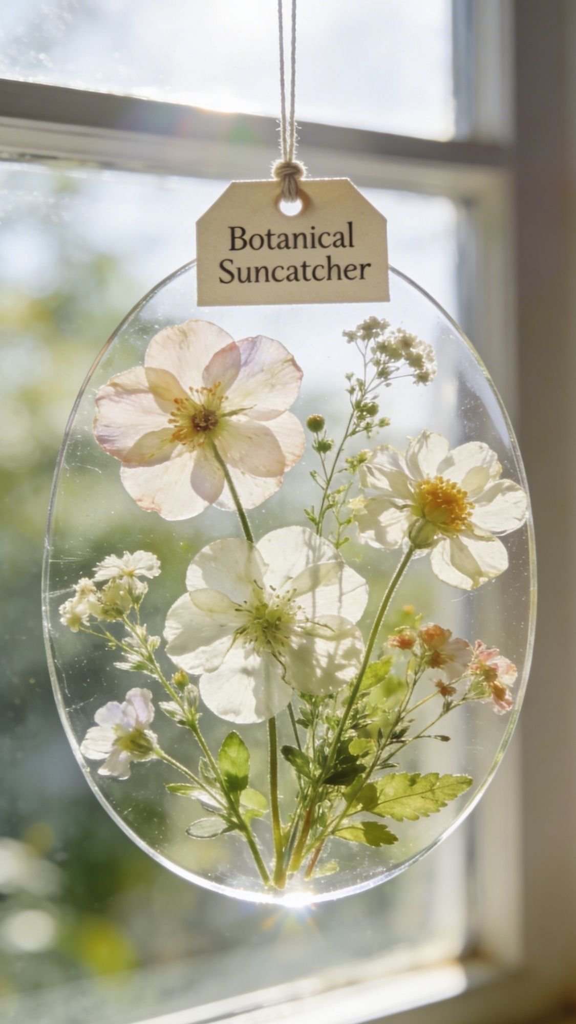 An oval-shaped botanical suncatcher with preserved flowers in soft white and pale pink hangs in front of a sunlit window. A tag labeled Botanical Suncatcher is attached to the top.