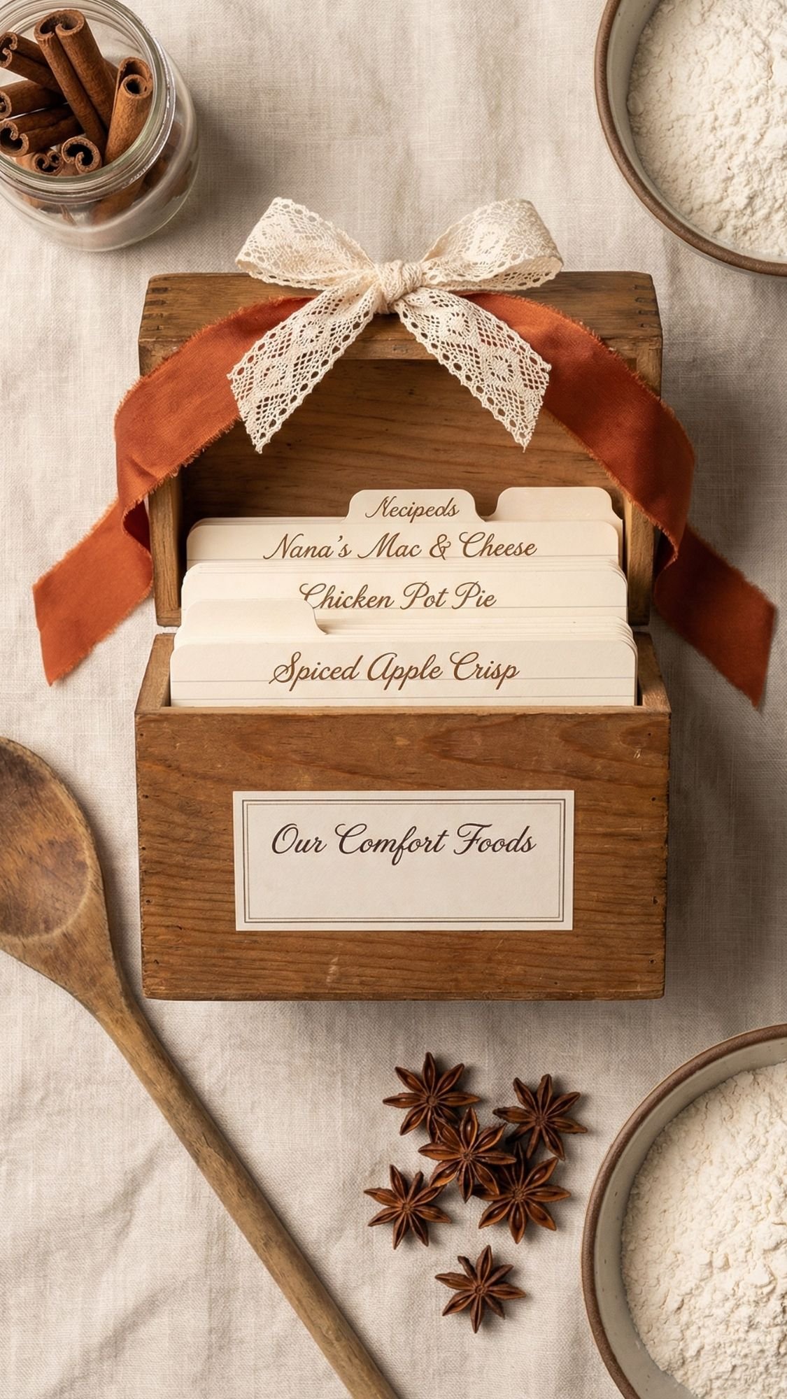 A wooden recipe box with a lace and rust-colored ribbon holds cards for Nana’s Mac & Cheese, Chicken Pot Pie, and Spiced Apple Crisp—making it one of the sweetest handmade birthday gifts. Flour bowls, star anise, and a wooden spoon surround the box.