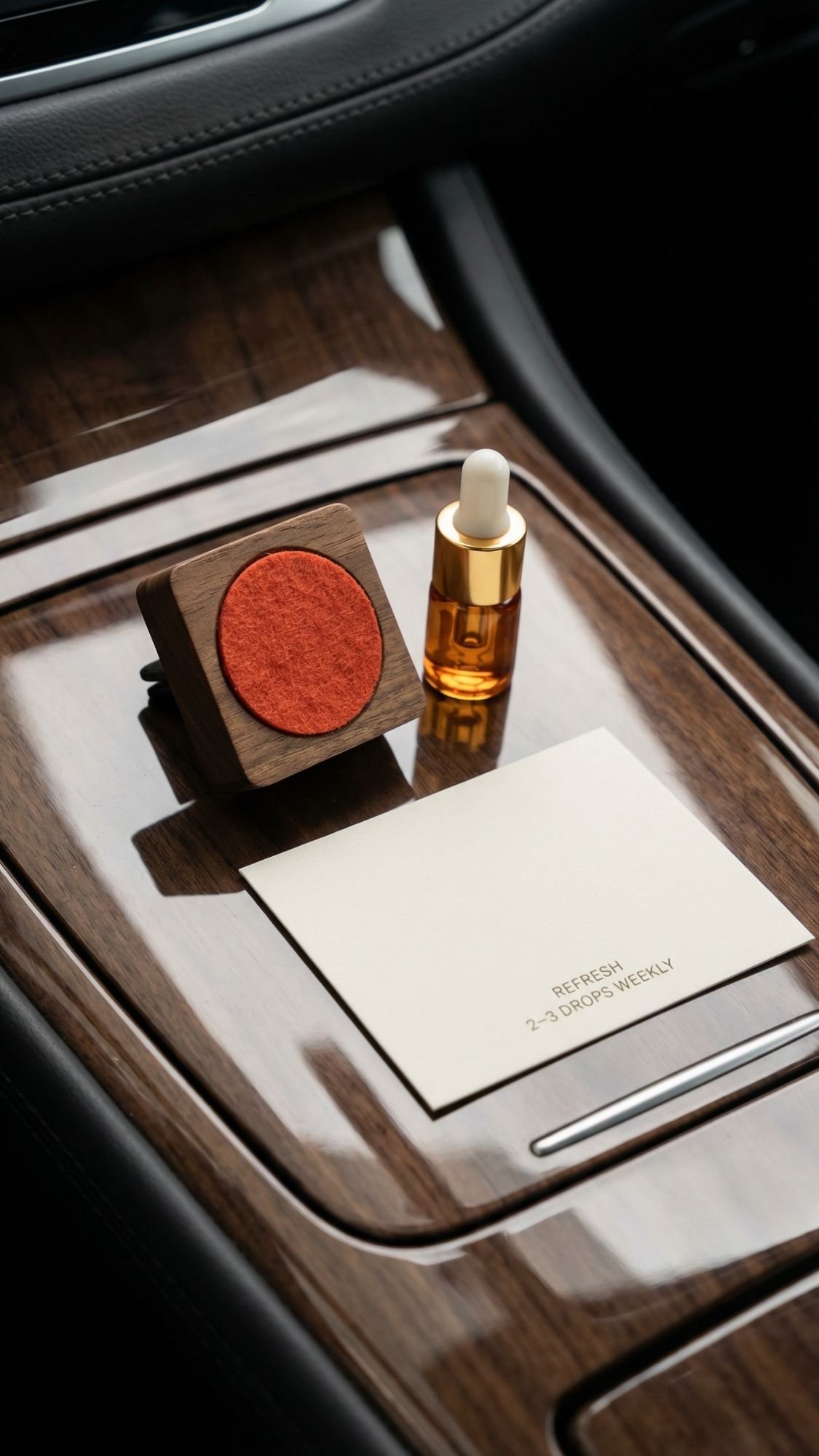 A small orange essential oil bottle, a wooden diffuser with a red felt pad, and a card reading “REFRESH 2-3 DROPS WEEKLY” rest on a glossy wooden car console—perfect as useful gifts or thoughtful handmade gifts for BF.