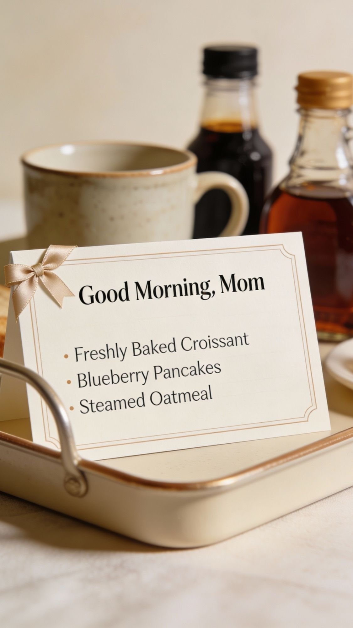 A breakfast in bed tray for Mom features a card reading "Good Morning, Mom," with freshly baked croissant, blueberry pancakes, and steamed oatmeal. In the background: a mug, syrup bottle, a small jar—perfect for thoughtful DIY gifts.