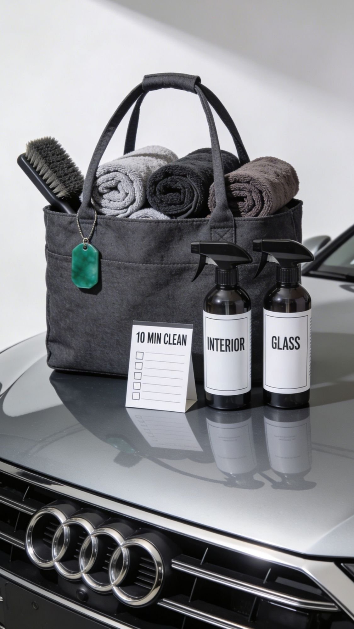 A black tote bag with towels and brushes sits on the hood of an Audi next to spray bottles labeled INTERIOR and GLASS, plus a checklist titled 10 MIN CLEAN—ideal for Useful Gifts or creative Handmade Gifts.