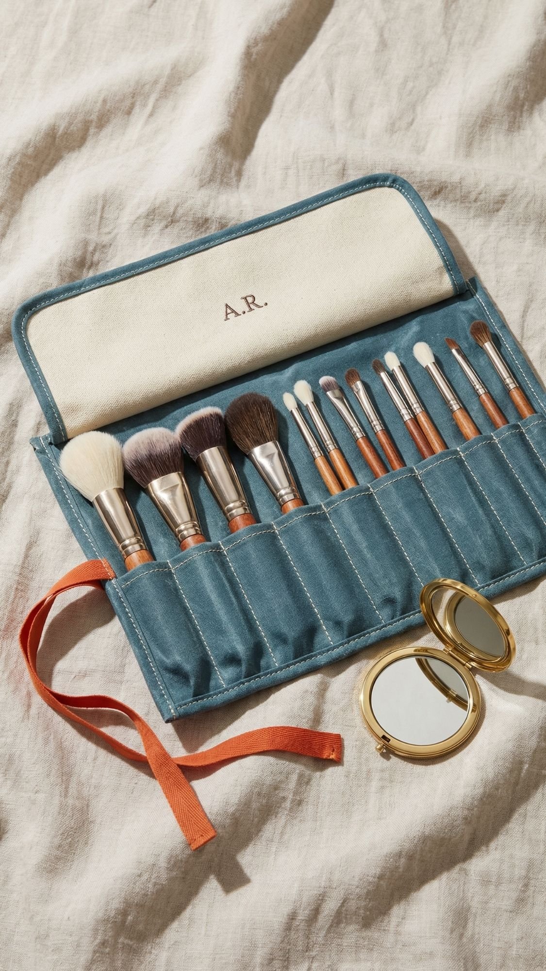 A set of makeup brushes with silver and copper handles, neatly organized in a blue roll-up pouch with an orange tie monogrammed A.R.—a thoughtful choice for Best Friend Gifts. A small round gold compact mirror lies nearby on a beige fabric surface.