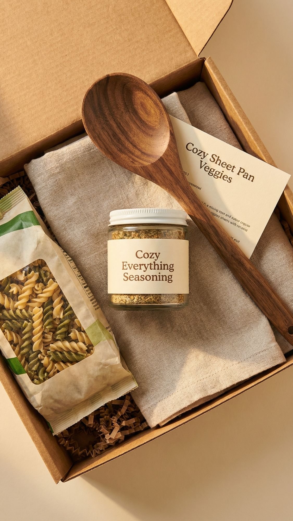 A thoughtful winter gift box featuring a wooden spoon, Cozy Everything Seasoning, spiral pasta, a beige cloth, and a Cozy Sheet Pan Veggies recipe card—perfect DIY gift set ideas for cozy winter nights.