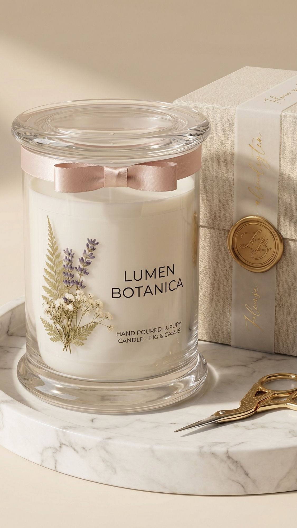 A glass jar candle labeled Lumen Botanica with preserved flowers and ferns, topped with a pink ribbon, placed on a marble tray beside gold scissors and a cream-colored gift box with a wax seal.