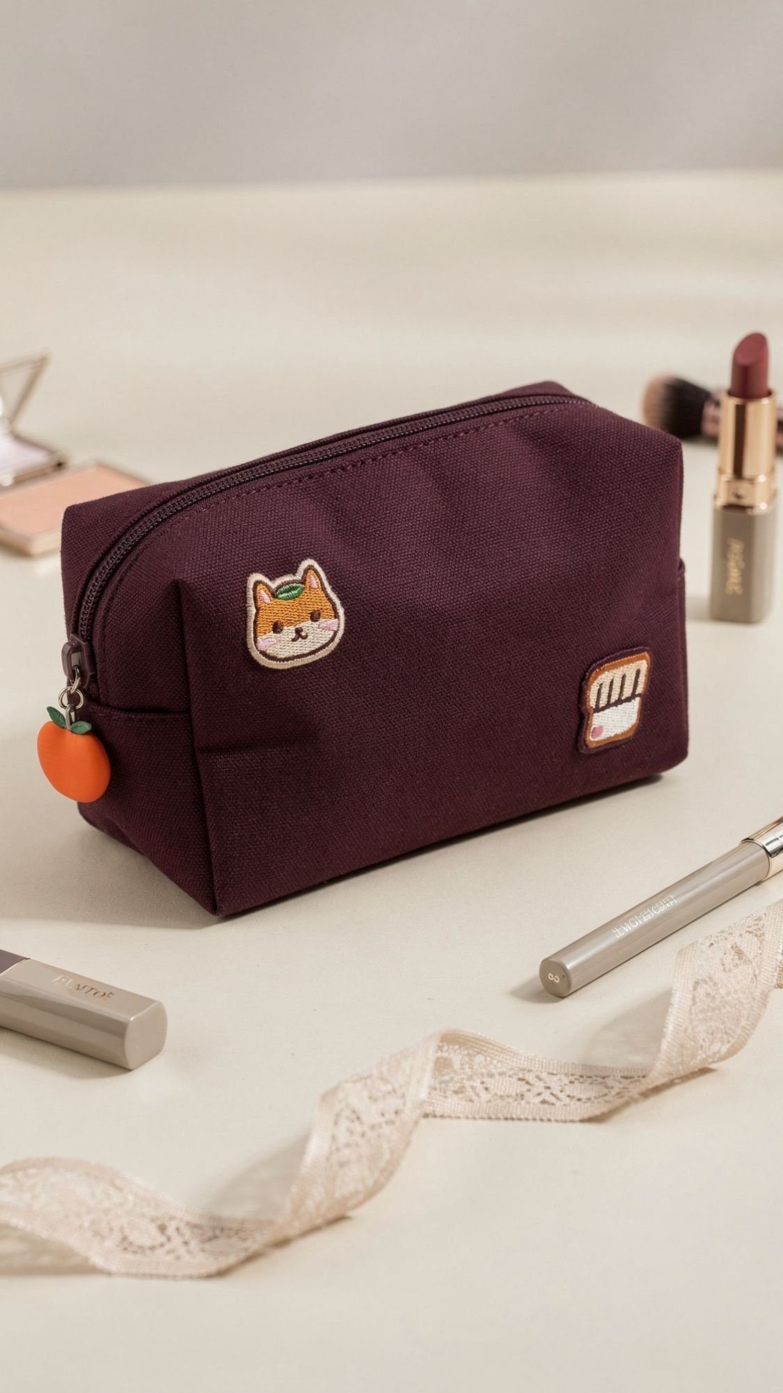 A maroon zippered pouch decorated with a cat and bread patch sits on a table surrounded by makeup items—a perfect choice for easy birthday gifts or thoughtful handmade birthday gifts for your best friend.