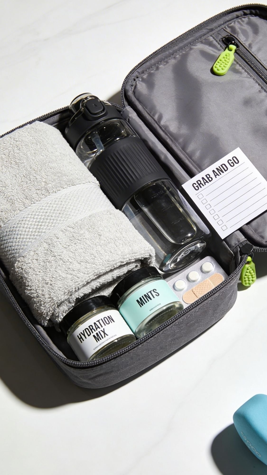An open gray travel bag on a white surface contains a rolled towel, water bottle, jars labeled “HYDRATION MIX” and “MINTS,” pills, bandages, and a checklist titled “GRAB AND GO”—a collection of useful gifts perfect for any adventure.