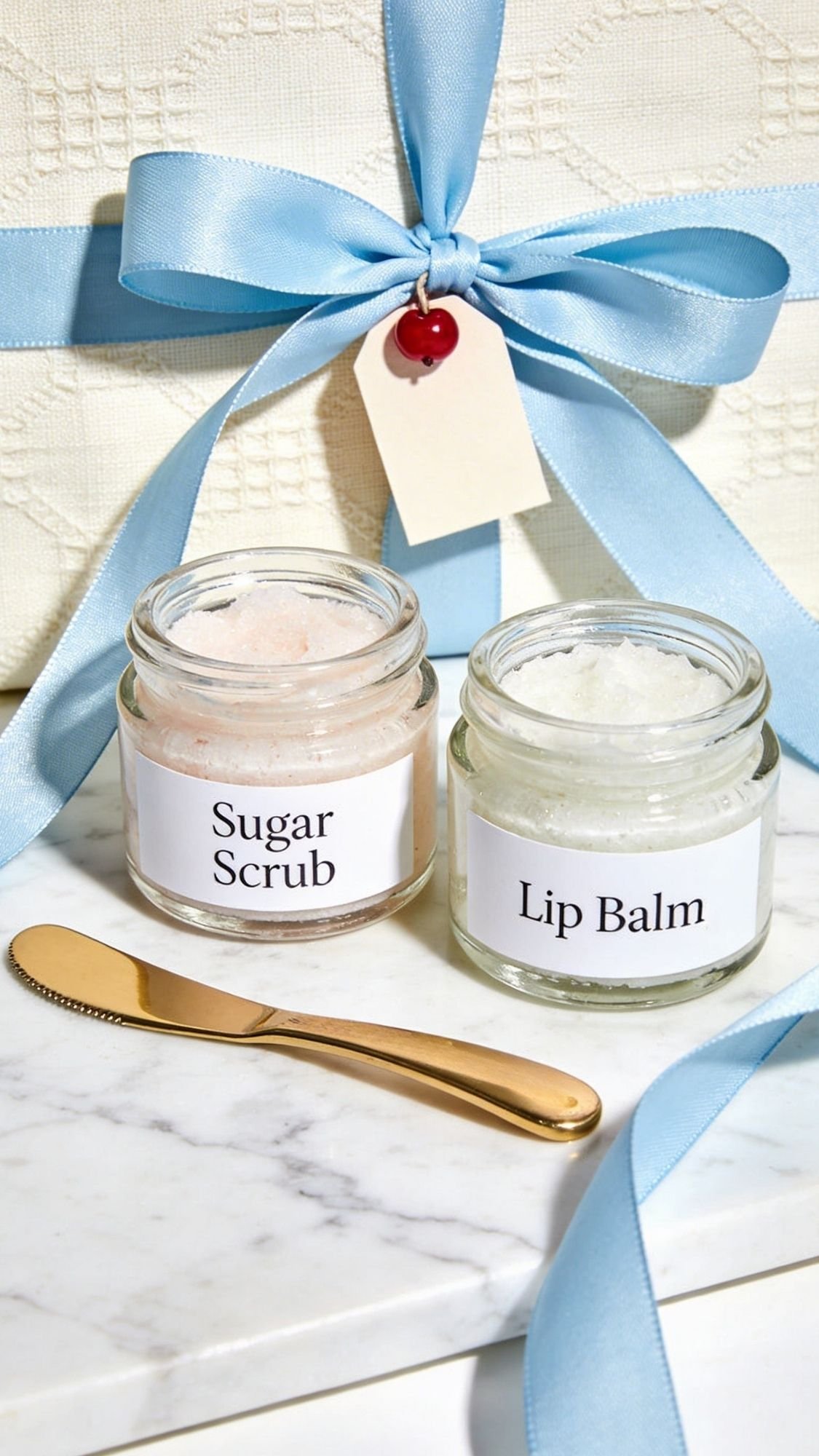 Two small glass jars labeled Sugar Scrub and Lip Balm sit on a marble surface next to a gold spatula. A pale blue ribbon and gift tag in the background make these perfect DIY Presents for Mother’s Day.
