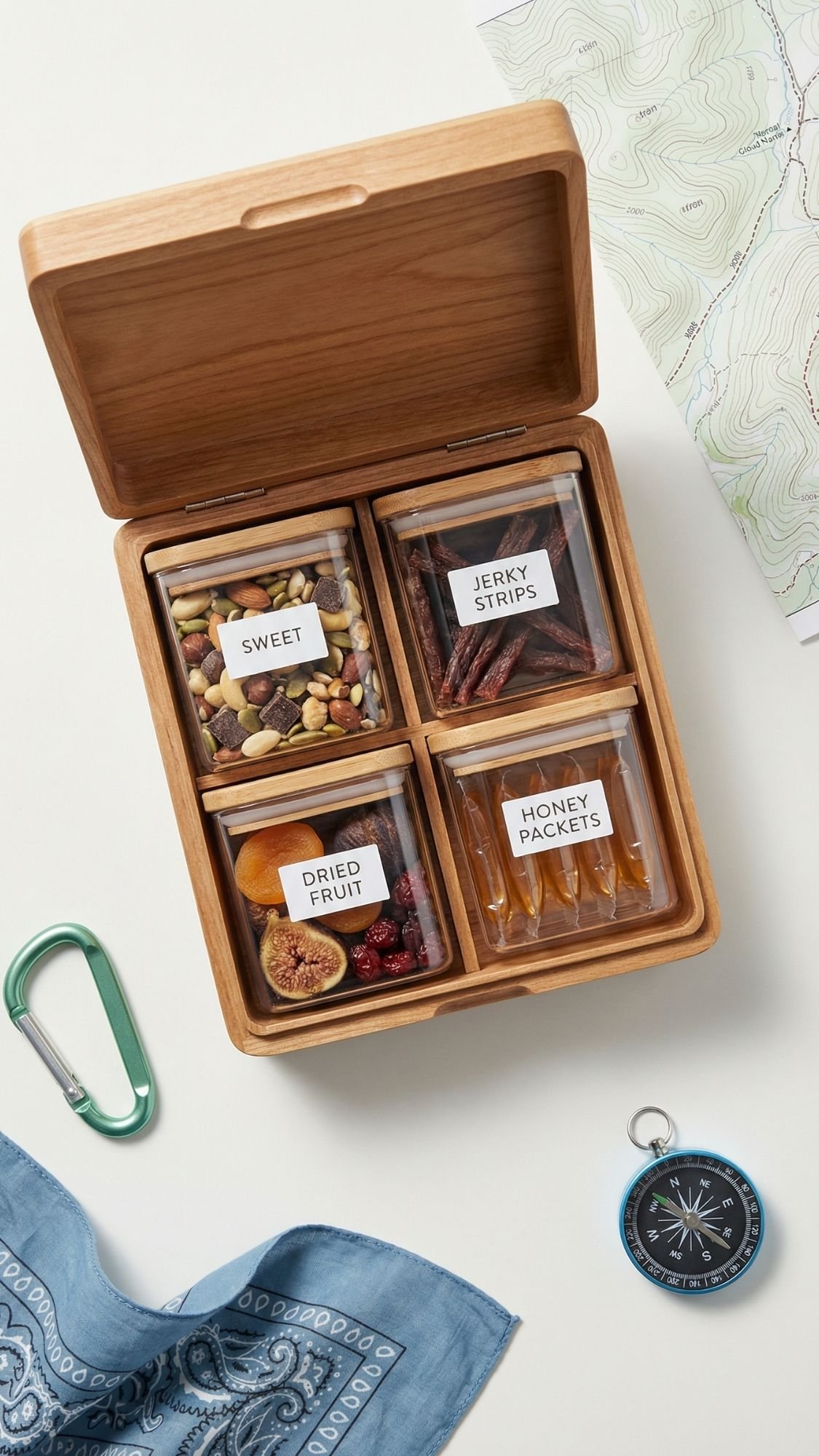 A wooden box with four compartments containing snacks labeled sweet mix, jerky strips, dried fruit, and honey packets—thoughtful and useful gifts for BF. Nearby are a map, compass, blue bandana, and green carabiner.
