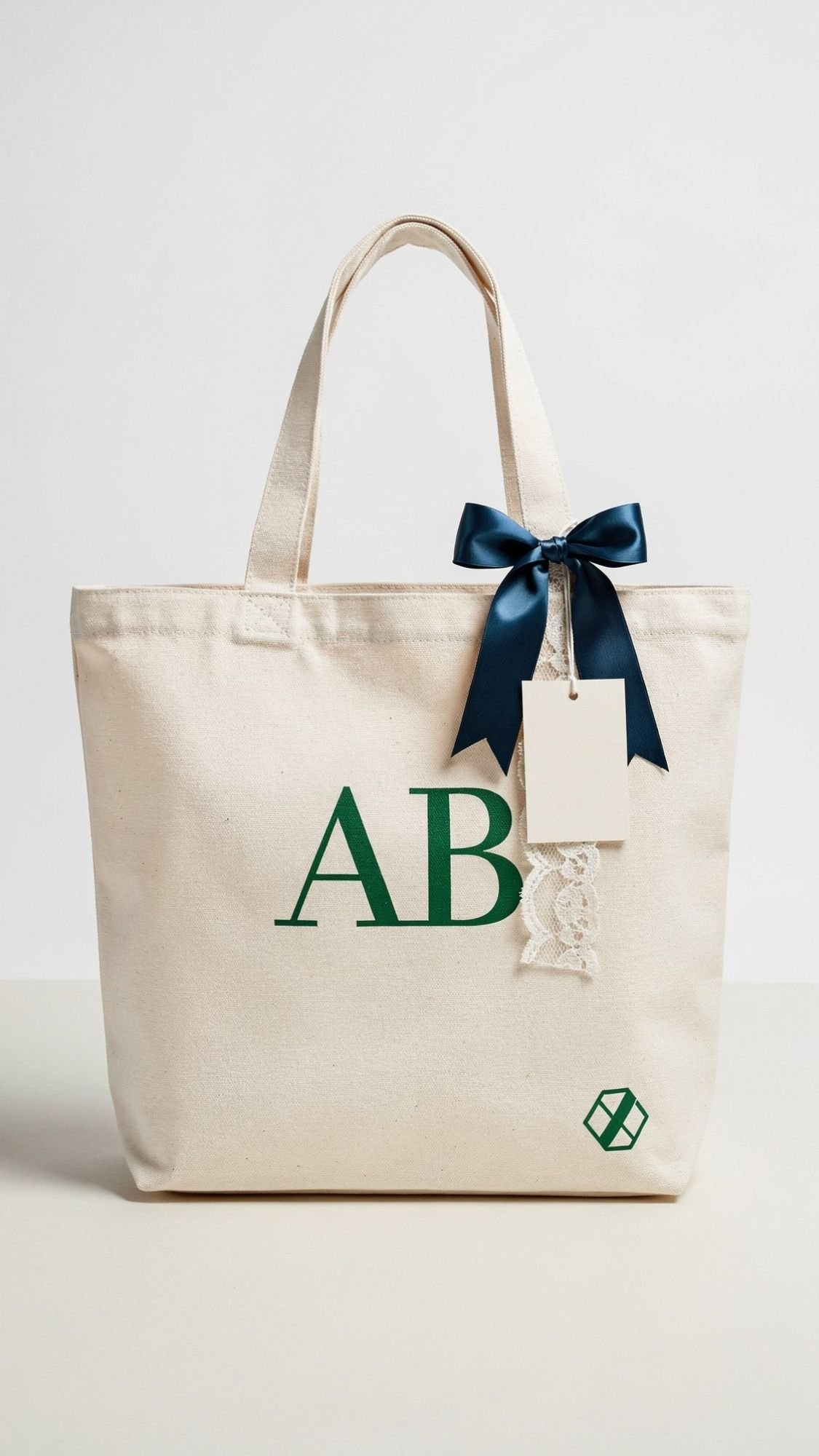 A cream-colored canvas tote bag with AB in green letters, a dark blue ribbon and white lace near one handle, and a blank gift tag. A small green geometric logo sits in the corner—perfect for easy birthday gifts or handmade birthday gifts.
