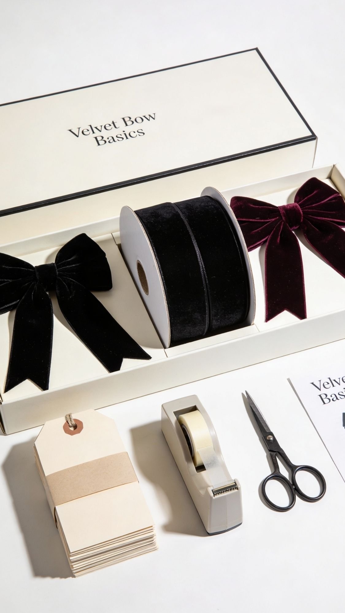 A cozy winter nights-inspired gift wrapping set with black and burgundy velvet bows, a roll of black velvet ribbon, gift tags, tape dispenser, scissors, and a Velvet Bow Basics card—all arranged on a white surface. Perfect for winter gifts.