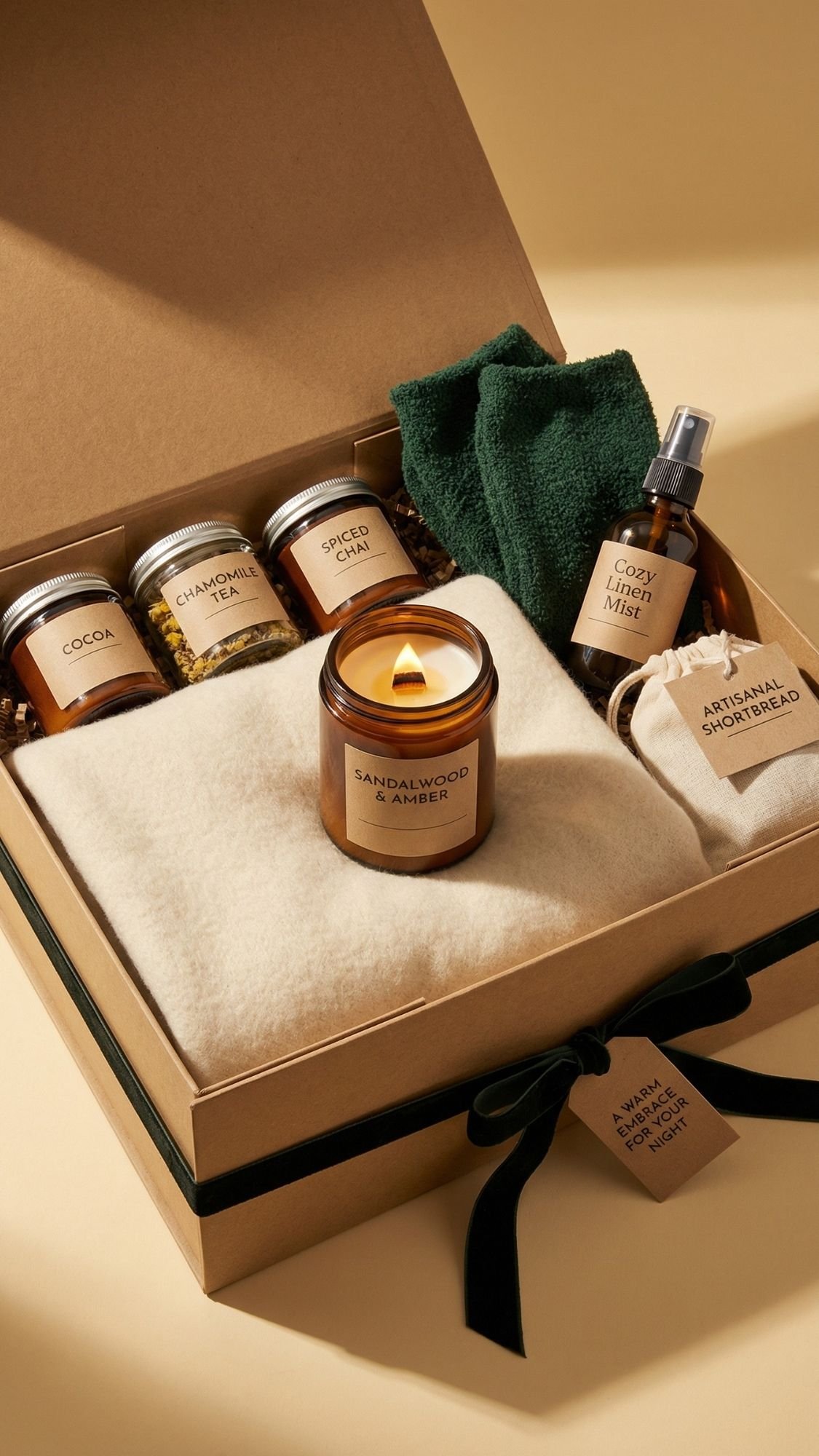 A perfect winter gift box for cozy winter nights—a candle, teas, cocoa jar, green socks, Cozy Linen Mist spray, shortbread, and a soft cream-colored blanket. Ideal for anyone seeking warmth or DIY gift set ideas this season.
