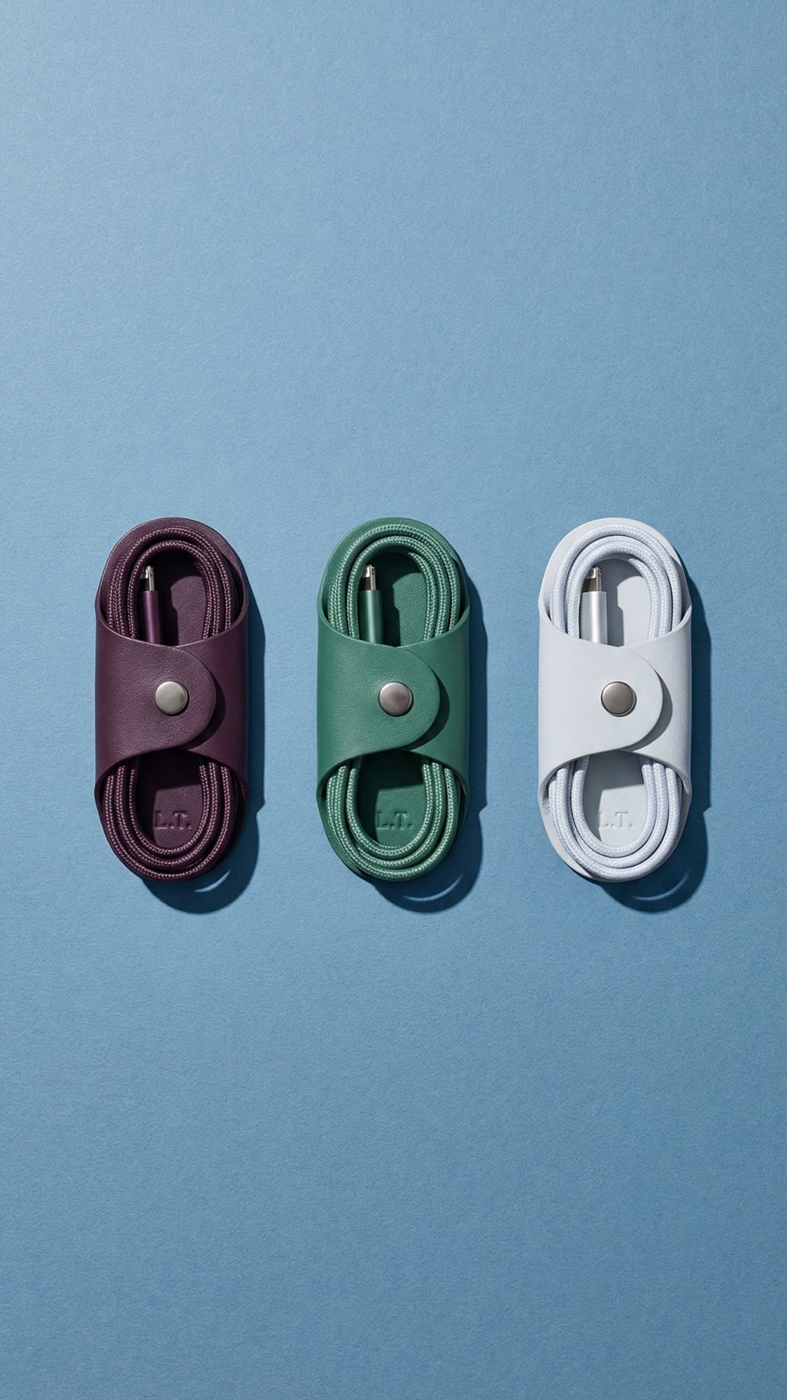 Three neatly coiled cables in purple, green, and white, each secured with a matching snap-on leather strap, are arranged vertically on a blue background—a clever handmade gift idea perfect for best friend gifts.