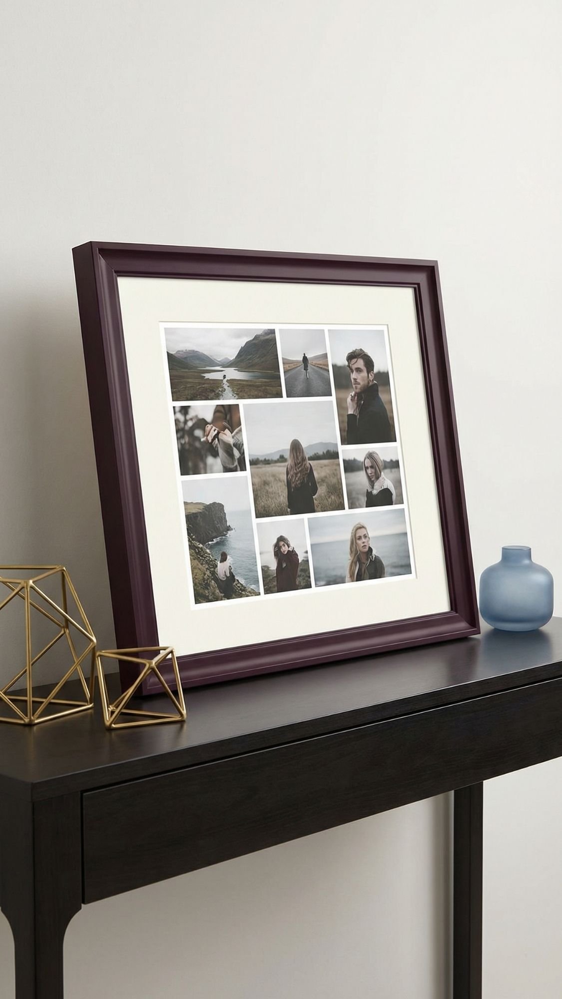 A framed photo collage with nine images, mostly outdoor landscapes and portraits, rests on a black table—an inspiring idea for easy handmade gifts. Gold geometric decor pieces and a small blue vase complete the look against a plain white wall.