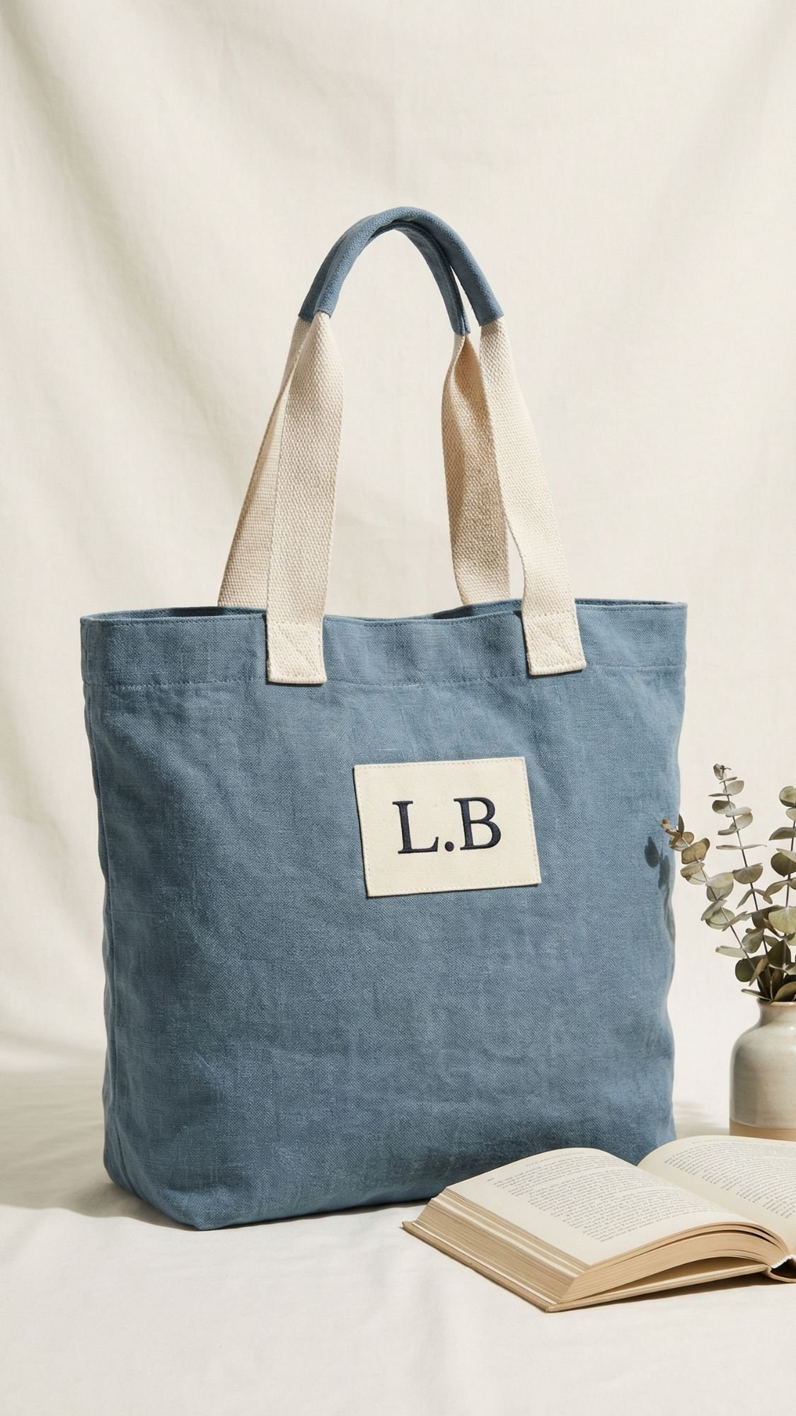 A blue fabric tote bag with cream handles and a patch displaying the initials L.B. is placed on a light surface next to an open book and a small vase with greenery—perfect for best friend gifts or unique gifts.