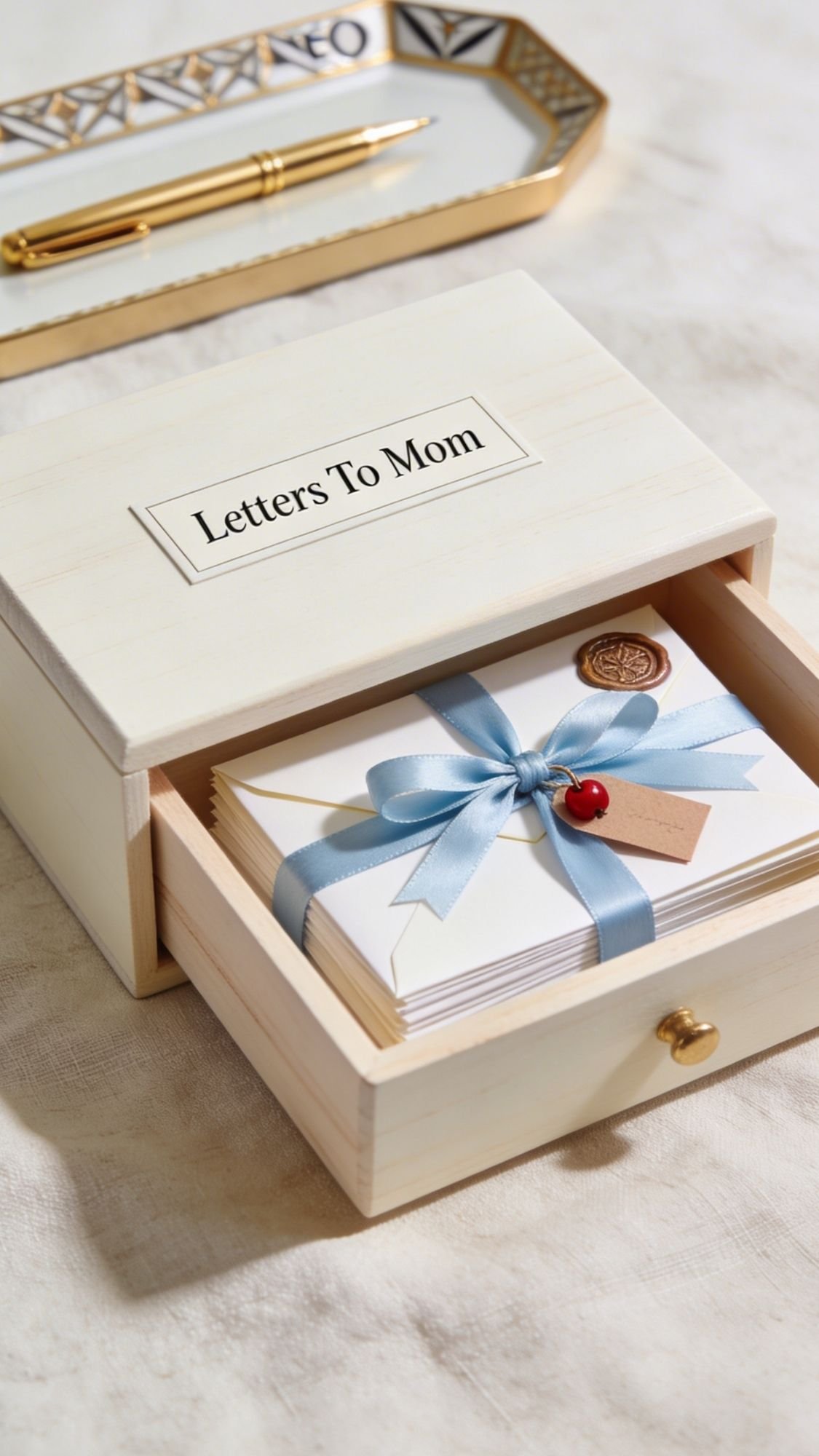 A wooden box labeled Letters To Mom is open, revealing neatly stacked envelopes tied with a blue ribbon and a red wax seal. Ideal for DIY presents or Gifts, a gold pen and decorative tray sit in the background.
