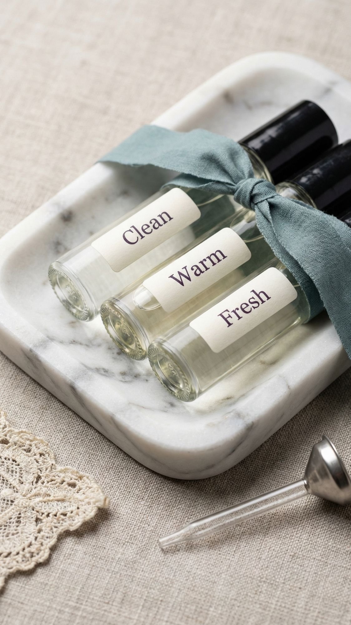 Three glass perfume vials labeled Clean, Warm, and Fresh rest on a marble tray with a blue-green ribbon—perfect as easy handmade gifts or unique birthday gifts for best friend. A lace cloth and dropper with a metal funnel sit nearby on beige fabric.