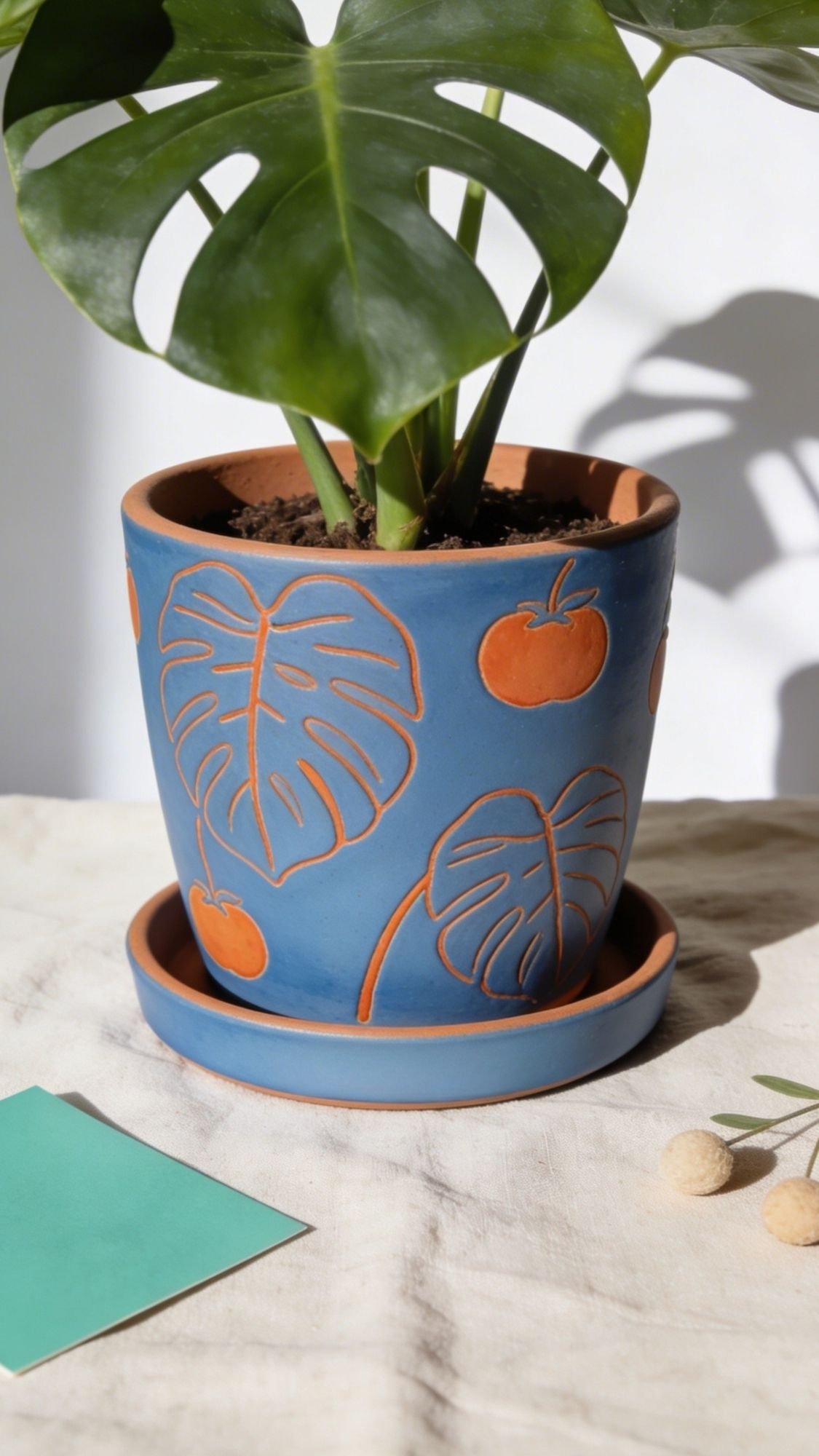 A blue terracotta plant pot with engraved monstera leaves and tomato designs sits on a matching saucer, holding a green monstera plant. Perfect for gifts to use all year, it rests on a light fabric surface in bright, natural light.