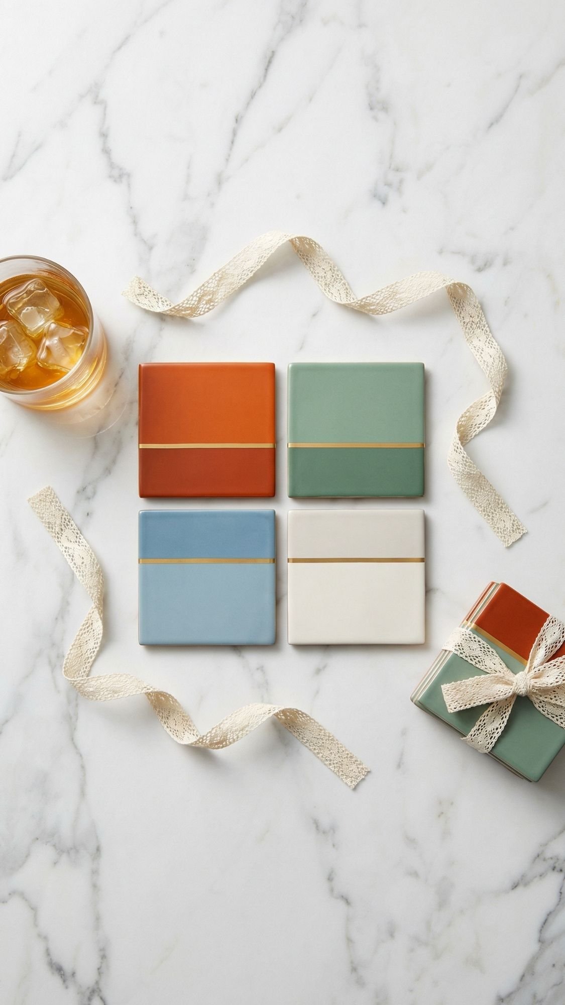 Four square ceramic coasters in orange, green, blue, and cream with gold accents are arranged on a marble surface. Perfect as easy birthday gifts or best friend gifts, each set is tied with ribbon beside a glass of iced drink and decorative lace ribbon.