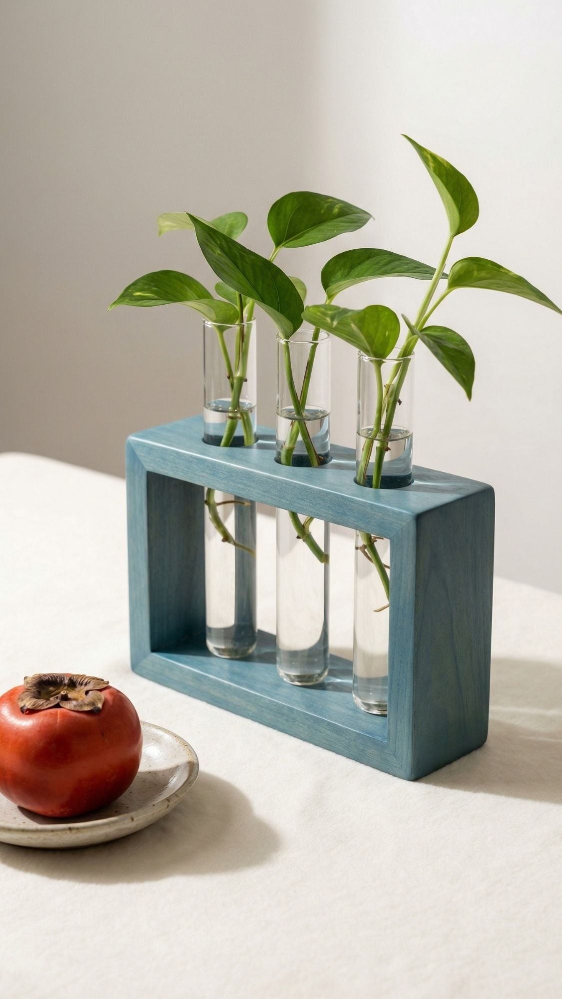 Three green plant cuttings in glass tubes, held by a blue rectangular wooden stand, make charming unique gifts. Placed on a light tablecloth next to a ceramic plate with a persimmon, soft natural light creates gentle shadows.