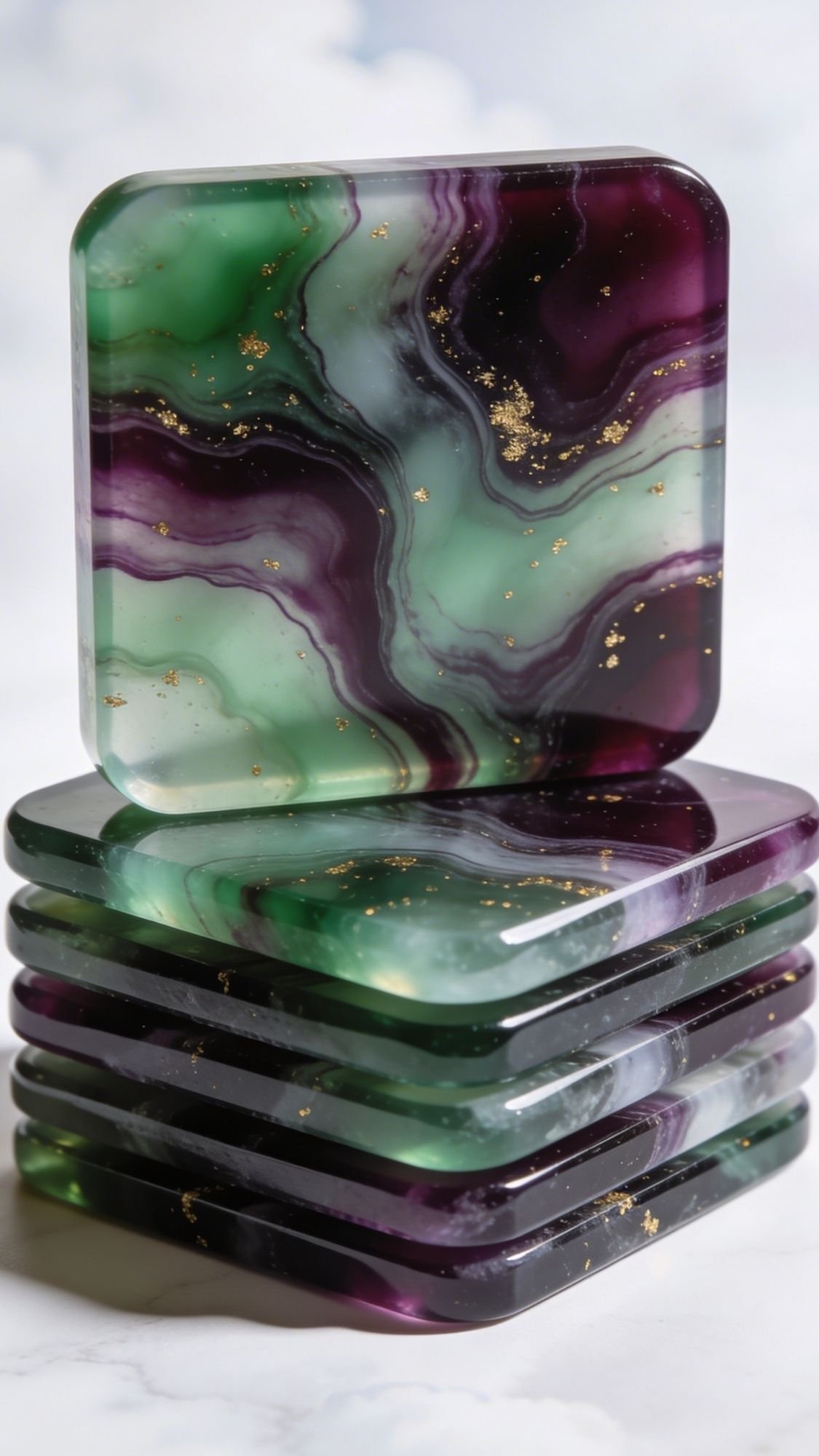 A stack of six square resin coasters with swirling green, purple, and black patterns accented by flecks of gold—one propped upright on top. Perfect as best friend gifts or handmade gift ideas that can be used all year.