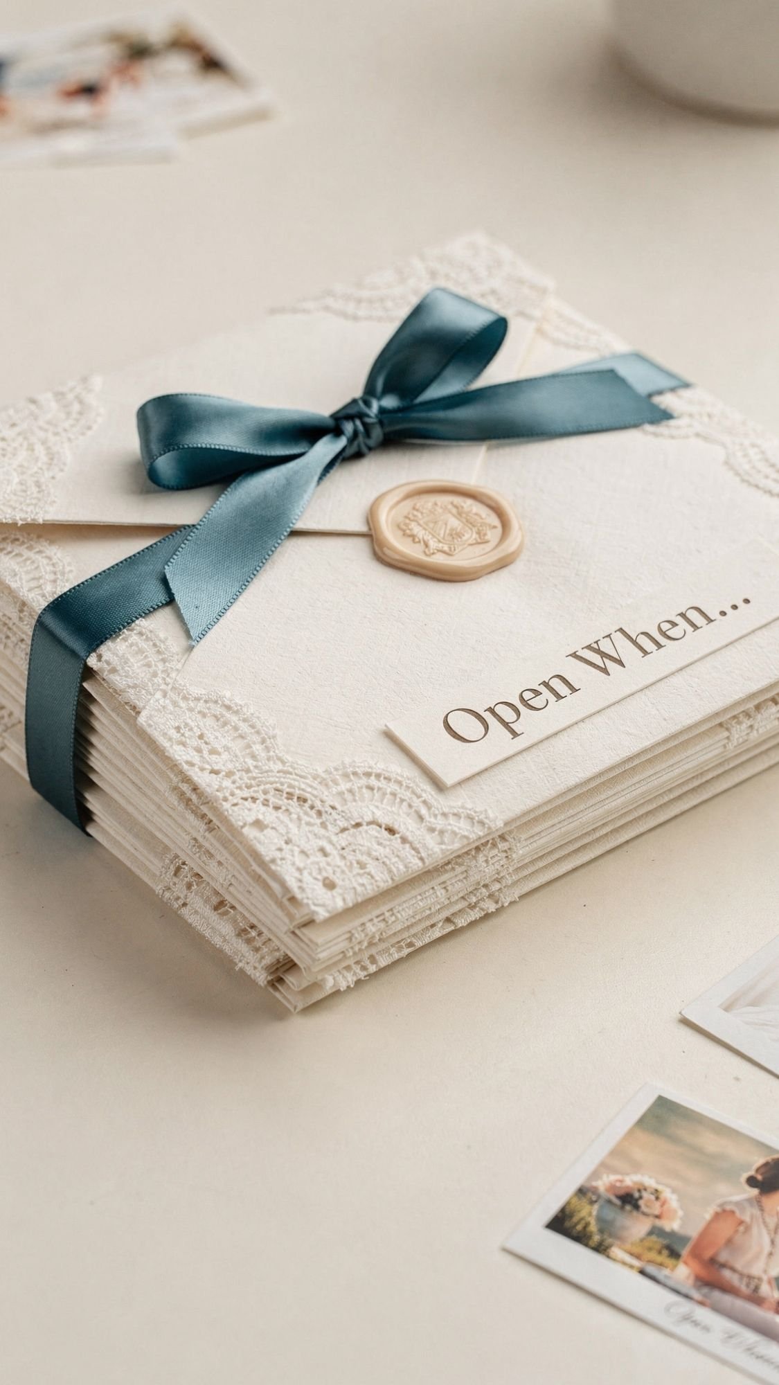 A stack of cream-colored envelopes tied with a blue satin ribbon and sealed with a wax stamp—an easy handmade gift idea. The top reads Open When... with lace edges, making it a thoughtful option for birthday gifts for best friend. Small photos are scattered nearby.