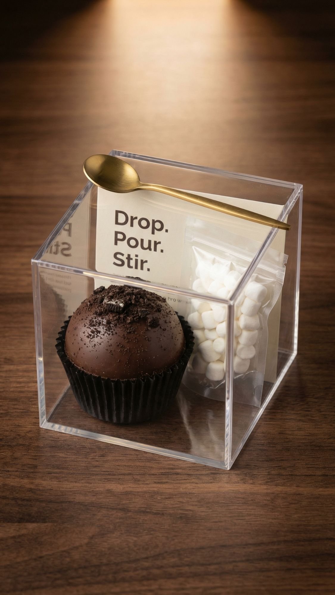 A chocolate sphere sits in a black cupcake liner inside a clear box, alongside a gold spoon, mini marshmallows, and a “Drop. Pour. Stir.” card—perfect for Cozy Winter Nights or thoughtful DIY Gift Set Ideas on a wooden surface.
