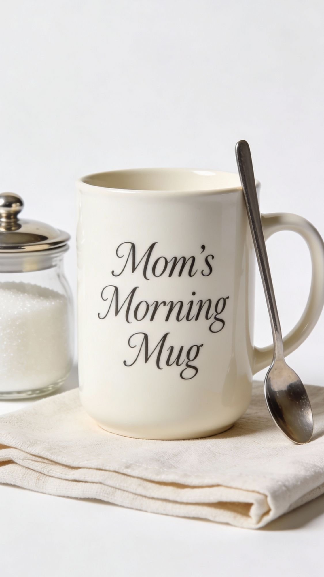 A cream-colored mug with the words “Mom’s Morning Mug” printed on it sits on a folded cloth next to a jar of sugar and a teaspoon—perfect for breakfast in bed or as one of those thoughtful DIY gifts for mom.