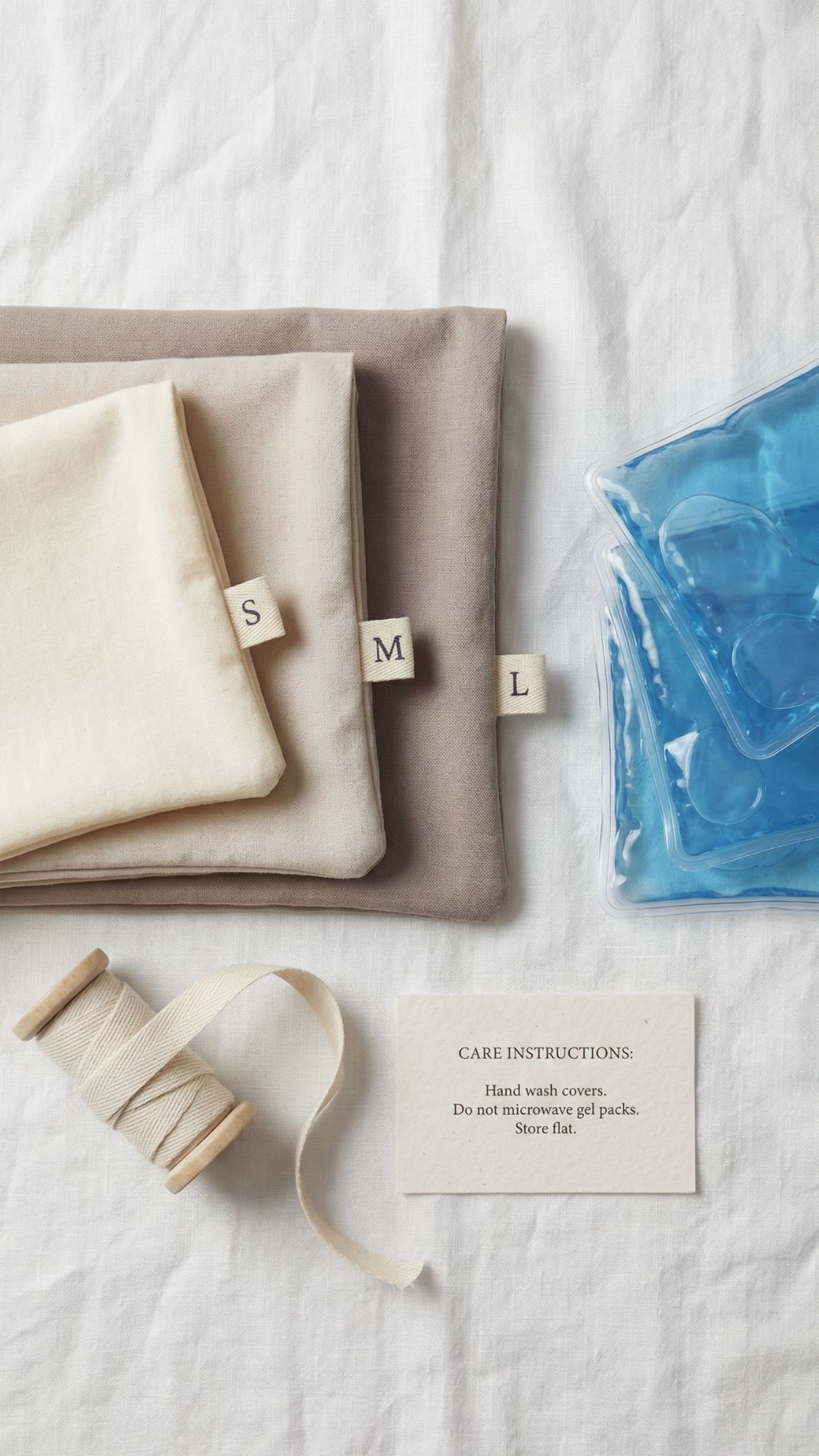 Three fabric pouches labeled S, M, and L, a spool of ribbon, blue gel packs, and a care instructions card sit on a white cloth—thoughtful DIY gifts for new moms who appreciate gentle gifts with practical uses.