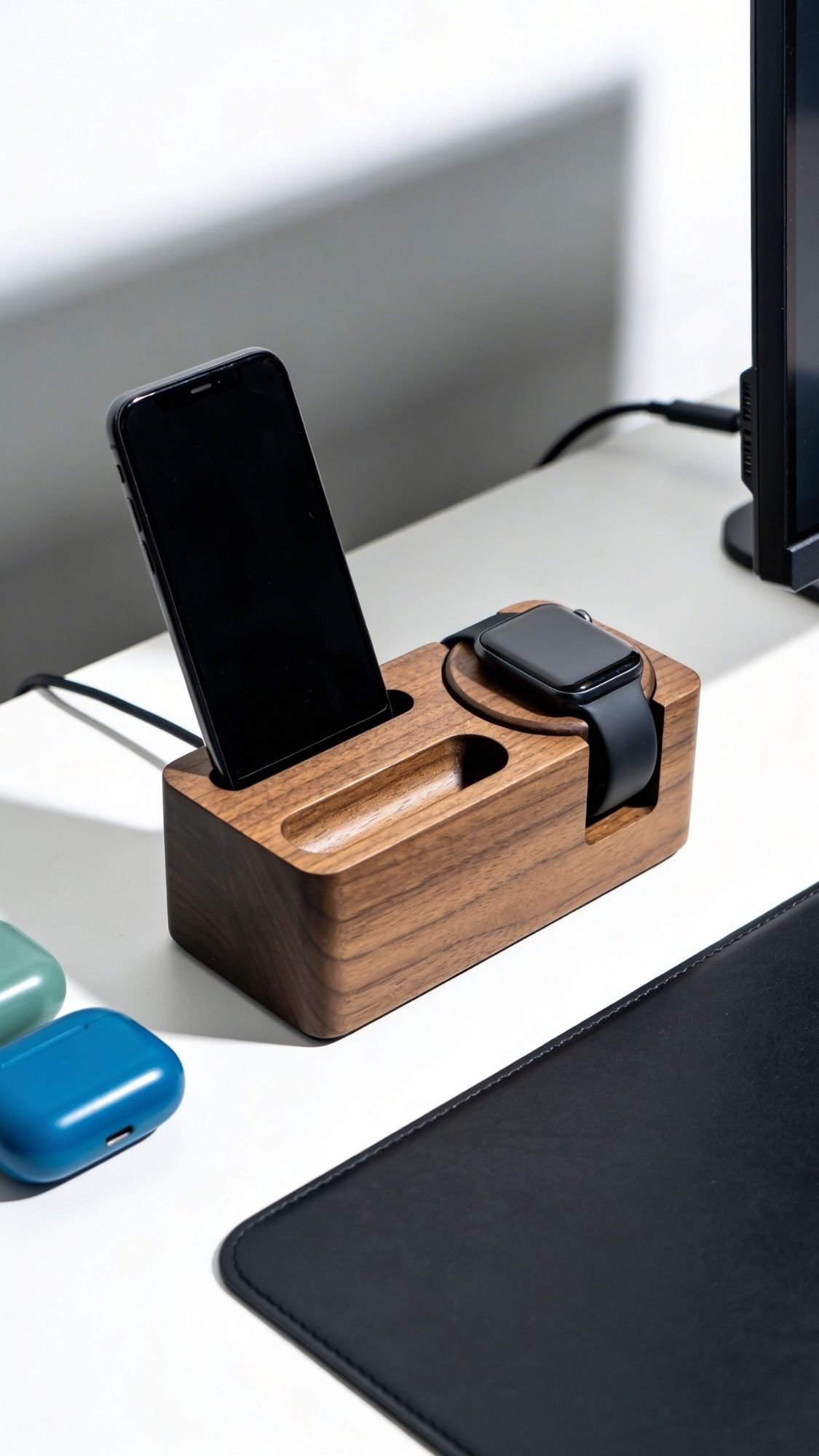 A wooden charging dock, a perfect handmade gift for boyfriend, holds a smartphone and smartwatch on a white desk alongside wireless earbuds in colorful cases and a black desk mat.