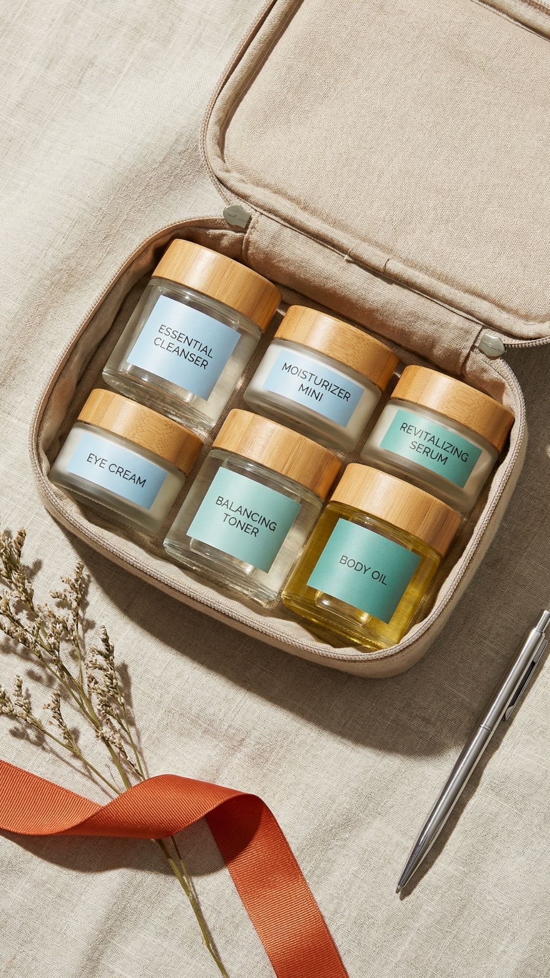 An open beige pouch displays six skincare jars labeled: Essential Cleanser, Moisturiser Mini, Revitalizing Serum, Eye Cream, Balancing Toner, and Body Oil—perfect handmade gift ideas. Dried flowers and an orange ribbon are nearby.