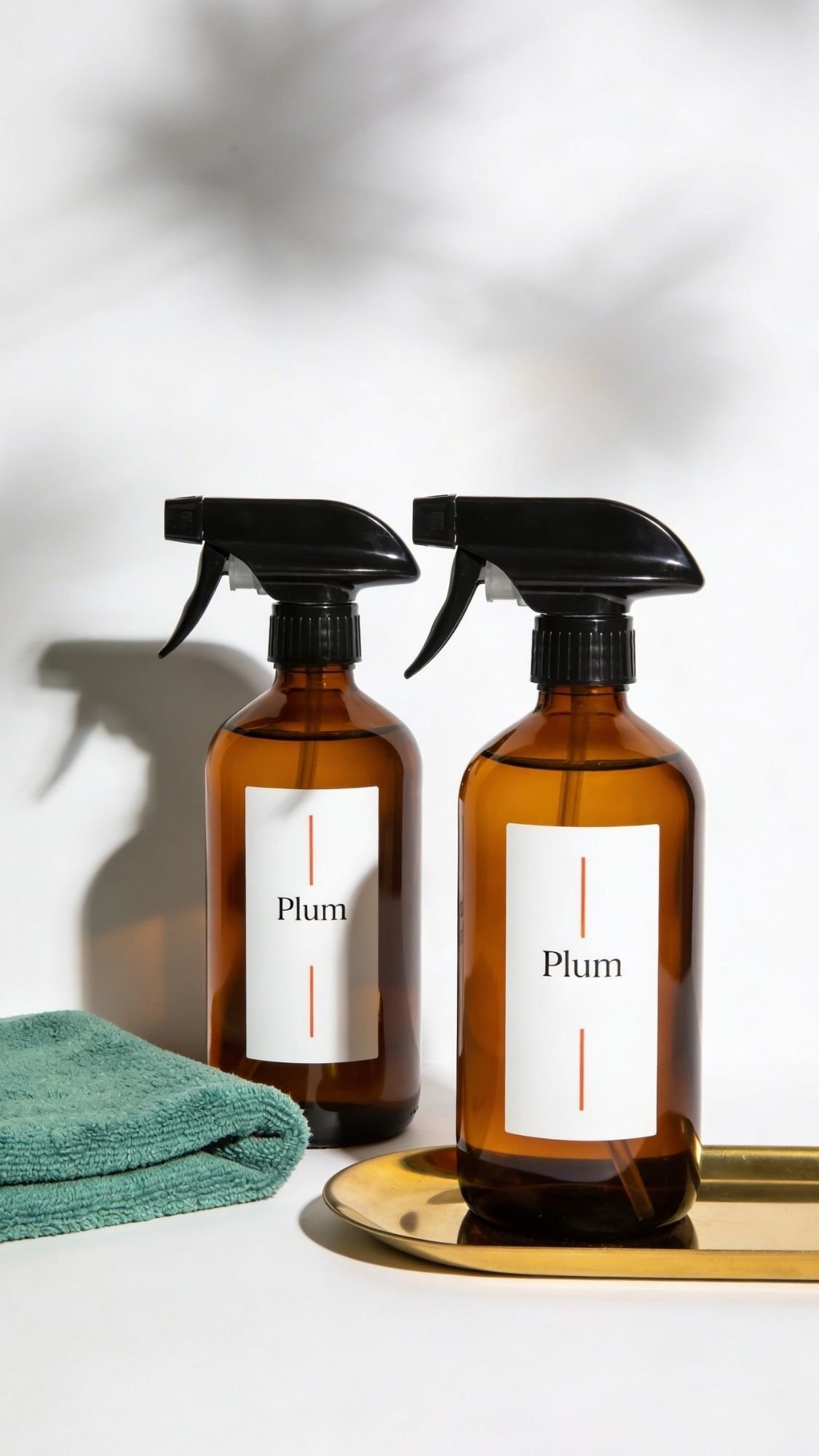 Two amber spray bottles labeled Plum stand on a reflective gold tray, next to a folded green cloth, against a light background with a faint shadow of a plant—charming best friend gifts or thoughtful handmade gift ideas.