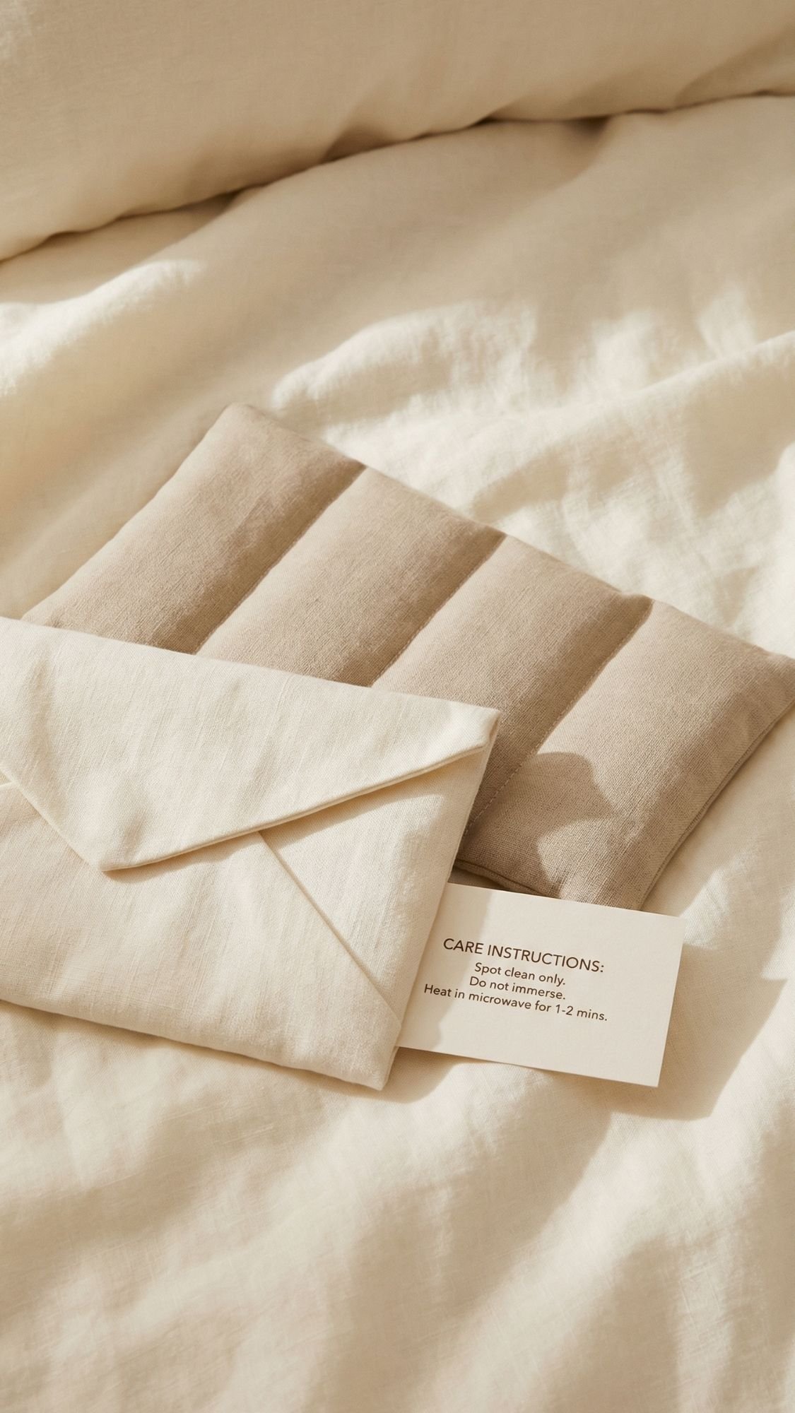 A beige, quilted fabric pouch sits on cream-colored bedding next to a matching linen envelope and a care instructions card with tips for cleaning and microwaving—perfect as gentle gifts or useful gifts for new moms.