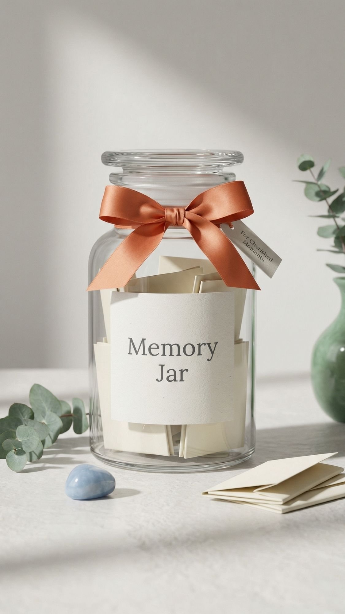 A glass jar labeled Memory Jar with folded papers inside, tied with an orange ribbon, sits on a light surface near green eucalyptus leaves—a thoughtful idea for handmade birthday gifts or easy handmade gifts for a best friend.