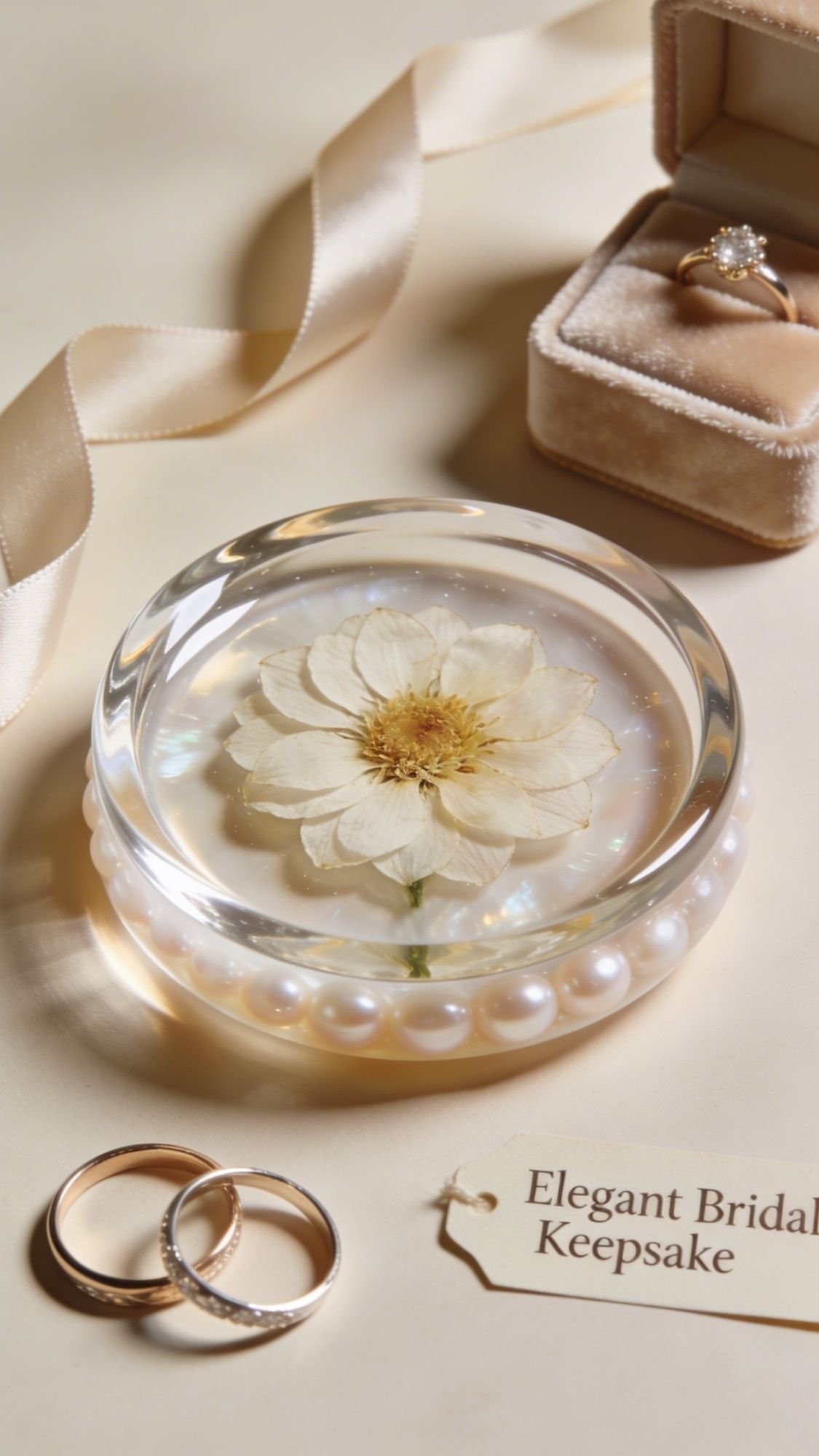 A round clear resin keepsake with preserved flowers and pearls inside sits beside a velvet ring box with a diamond ring, two gold wedding bands, a cream ribbon, and a tag reading “Elegant Bridal Keepsake.”.