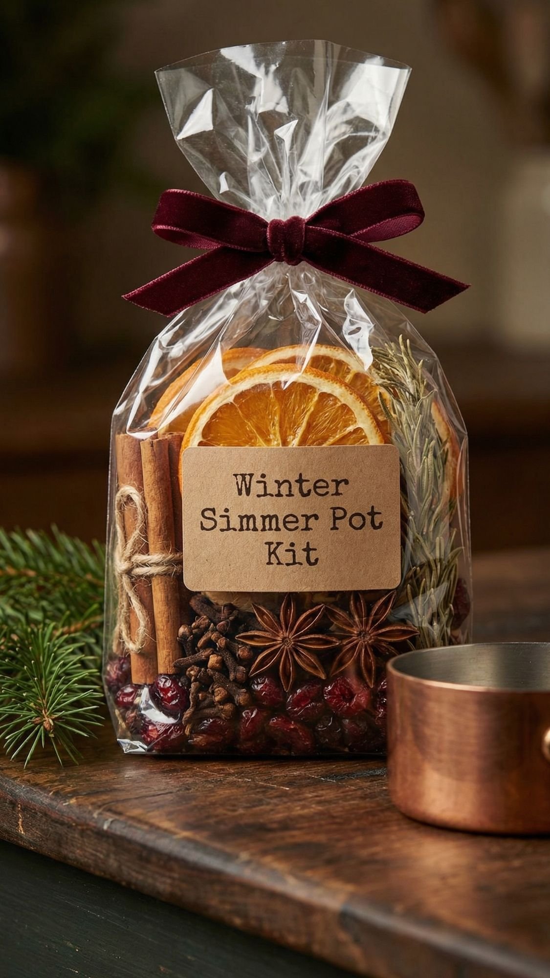 A clear gift bag labeled Winter Simmer Pot Kit—perfect for winter gifts or cozy winter nights—holds dried orange slices, cinnamon sticks, star anise, cranberries, and herbs. It's tied with a dark red ribbon beside a copper cup and pine sprig.