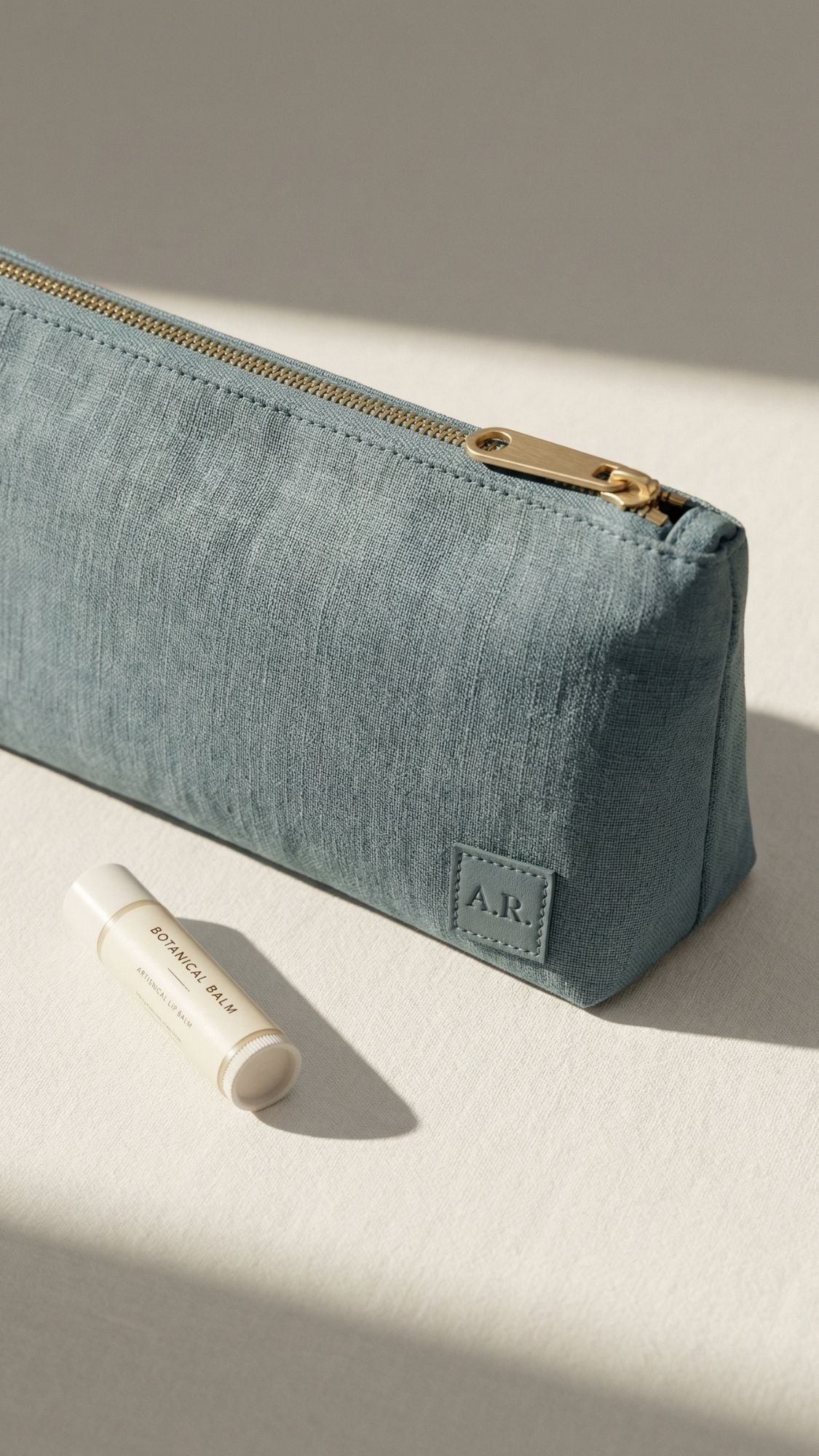 A blue fabric zippered pouch with gold hardware sits on a light surface beside a white tube of botanical balm. Sunlight casts soft shadows across both useful gifts—perfect handmade gift ideas for any occasion.