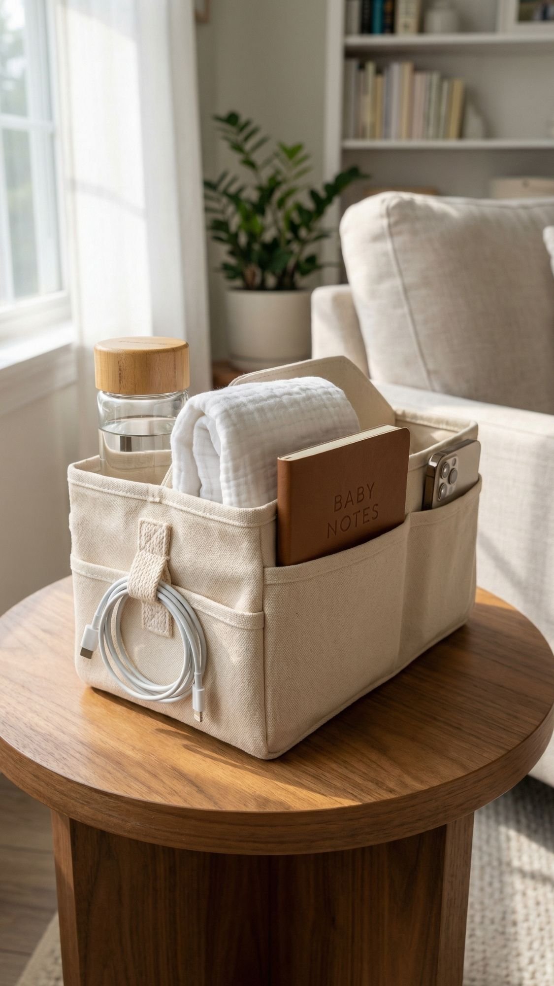 A beige organizer filled with essentials like a water bottle and Baby Notes journal sits on a wooden table in a cozy living room—an ideal pick for DIY gifts for new moms looking to stay organized and stylish.