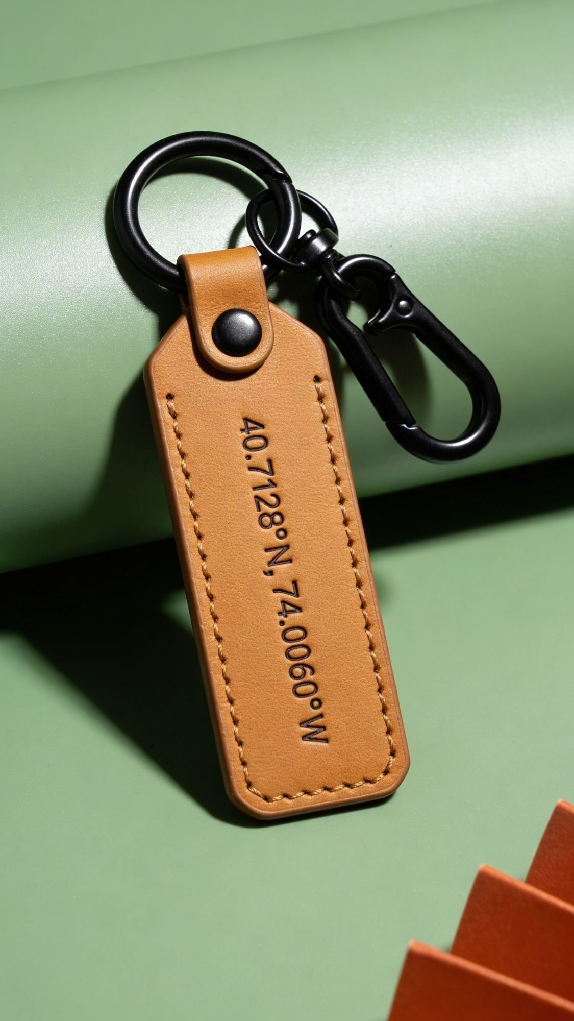 A brown leather keychain with a black metal ring and clip, embossed with the coordinates 40.7128° N, 74.0060° W, resting on a light green surface—one of the most thoughtful handmade gifts and perfect for useful gifts or gifts for BF.