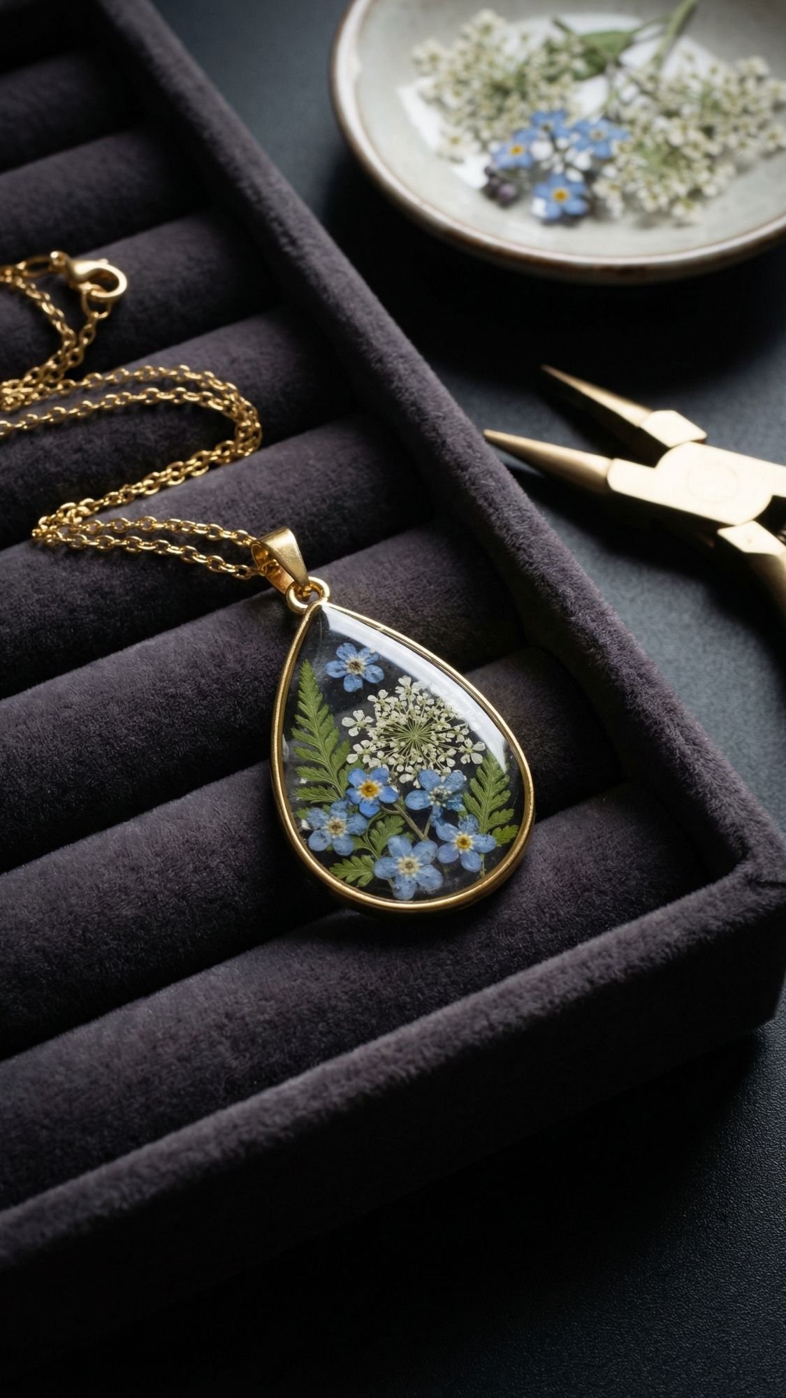 A gold necklace with a teardrop pendant features pressed blue, white flowers, and green ferns—an elegant DIY flower gift—displayed in a black jewelry tray beside a plate of flowers and jewelry pliers.