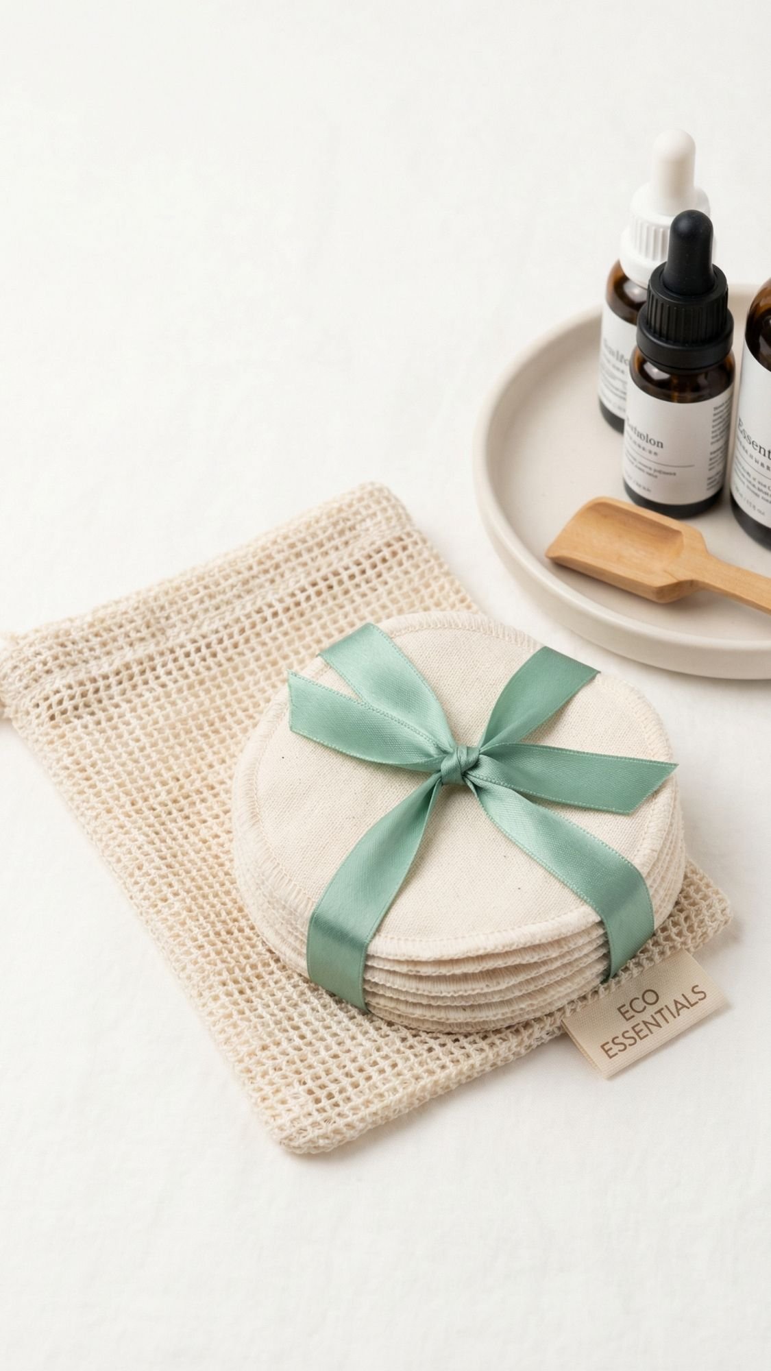 A stack of round reusable cotton pads tied with a green ribbon sits on a mesh bag labeled Eco Essentials, next to a tray holding dropper bottles and a wooden spatula—perfect for handmade gift ideas or unique gifts for your best friend.