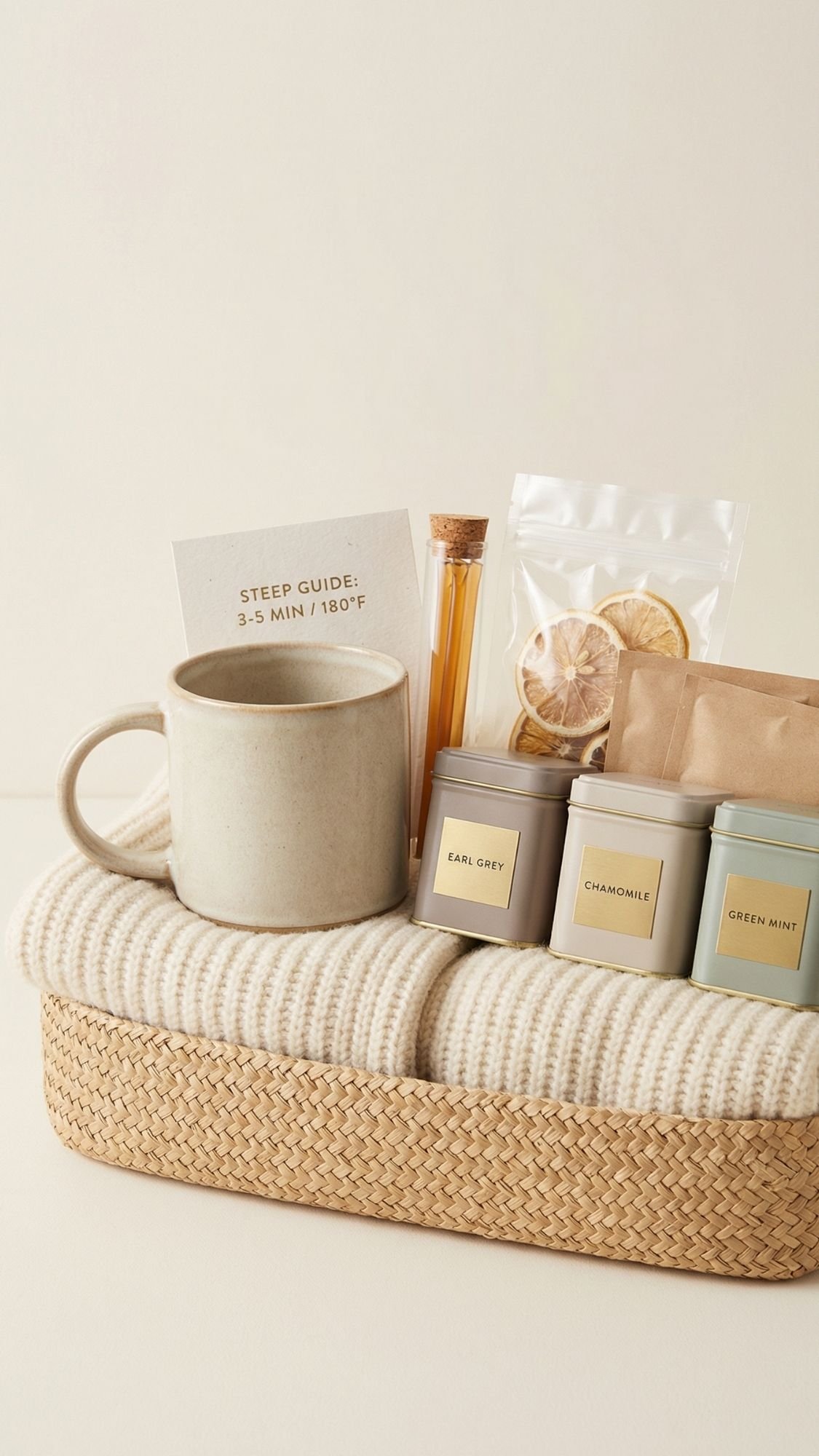 A cozy winter gifts set featuring a cream-colored mug, a tea steep guide, test tubes with honey or tea, dried lemon slices, a brown paper packet, and three tins of tea on a striped blanket in a woven basket—perfect for cozy winter nights.