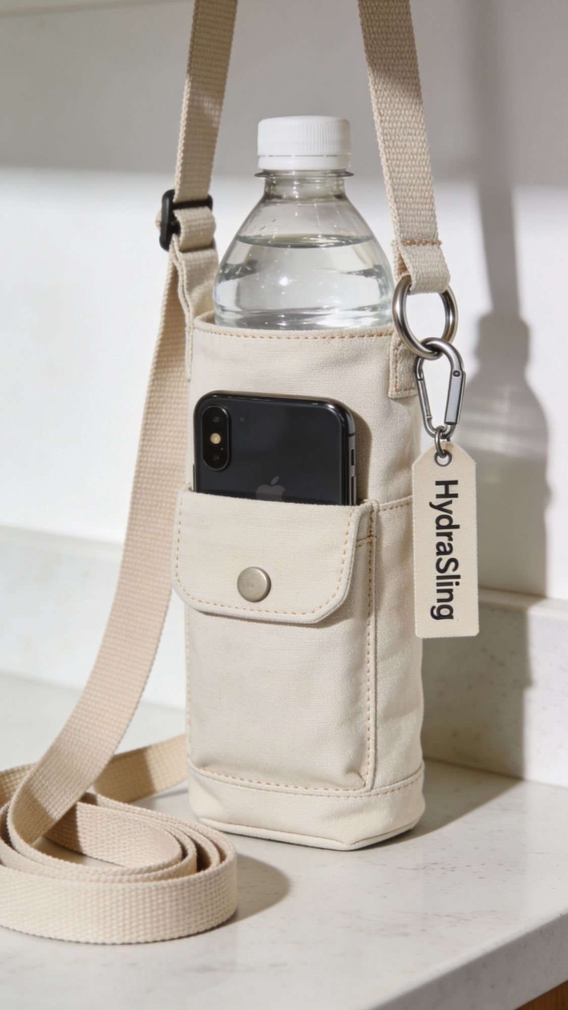 A beige crossbody sling bag, perfect as a useful gift for new moms, holds a water bottle and smartphone in its front pocket. A HydraSling tag is attached to the strap, and the bag rests on a white countertop.