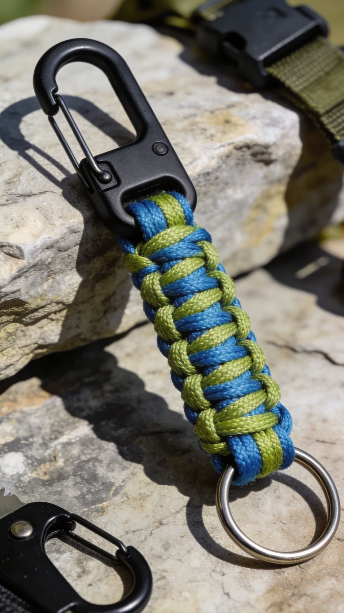 A keychain with blue and green paracord woven in a cobra knot pattern, attached to a black carabiner and a metal keyring, rests on a light-colored rock—perfect for Handmade Gifts or thoughtful Gifts For BF.