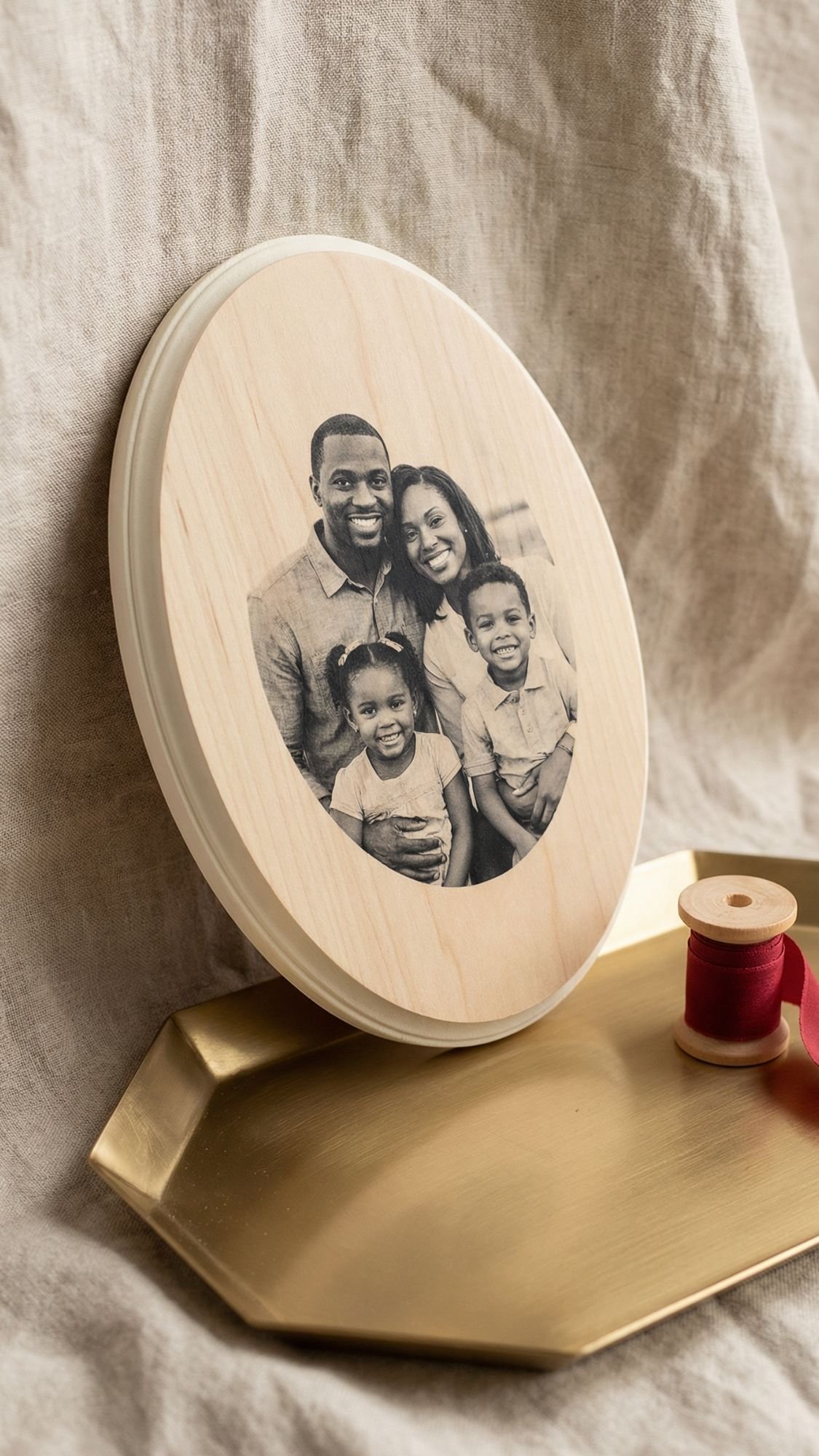 A round wooden plaque displays a black-and-white family portrait of two adults and two children, all smiling—perfect for Mother’s Day gifts. The plaque rests on a gold tray beside a spool of red ribbon, with a beige fabric backdrop.