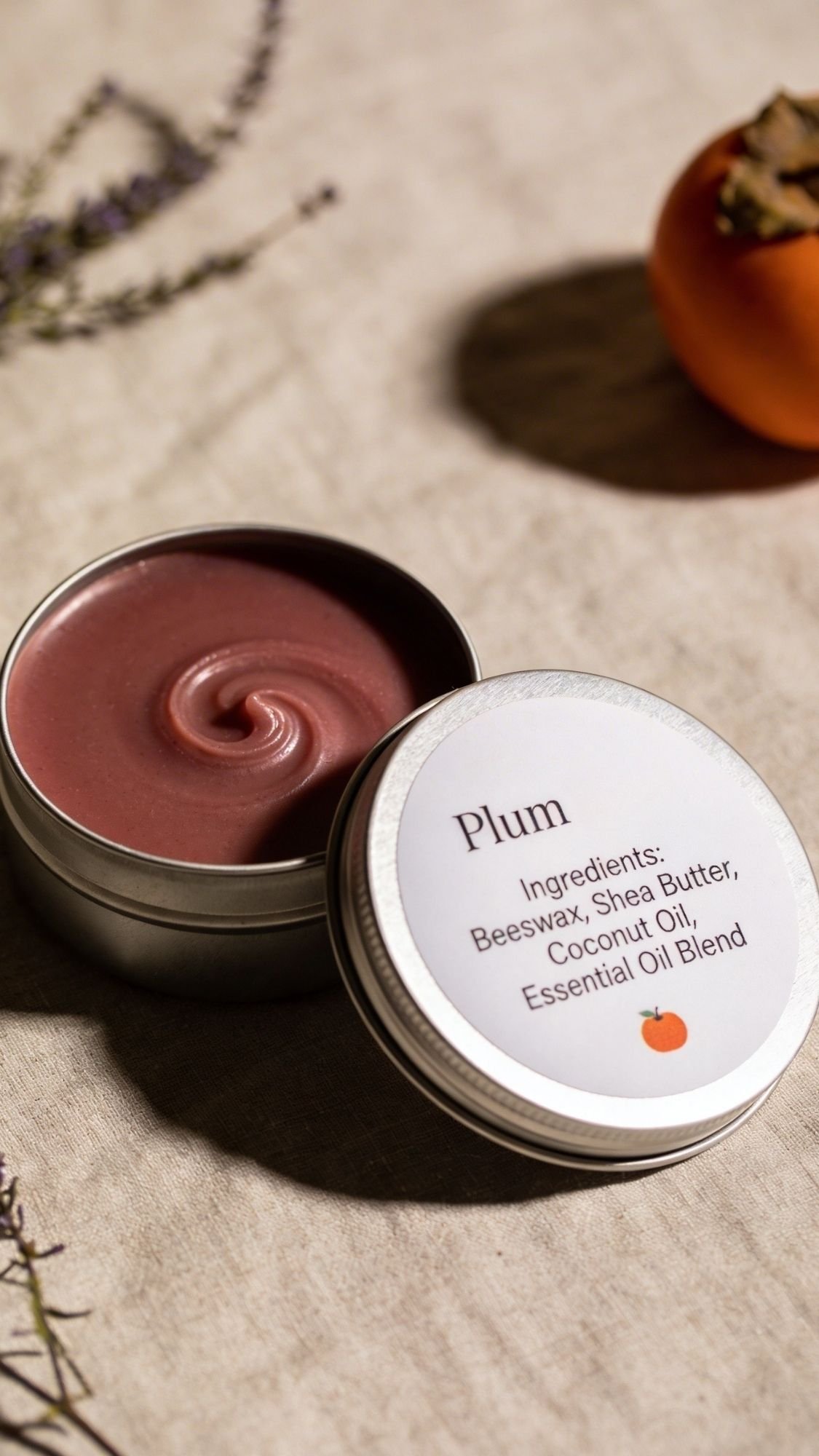 A tin of plum-colored balm with a swirl pattern is open on a beige cloth. The lid, beside it, reads “Plum” and lists beeswax, shea butter, coconut oil, and essential oils—perfect for Handmade Gift Ideas or thoughtful Year-Round Gifts.