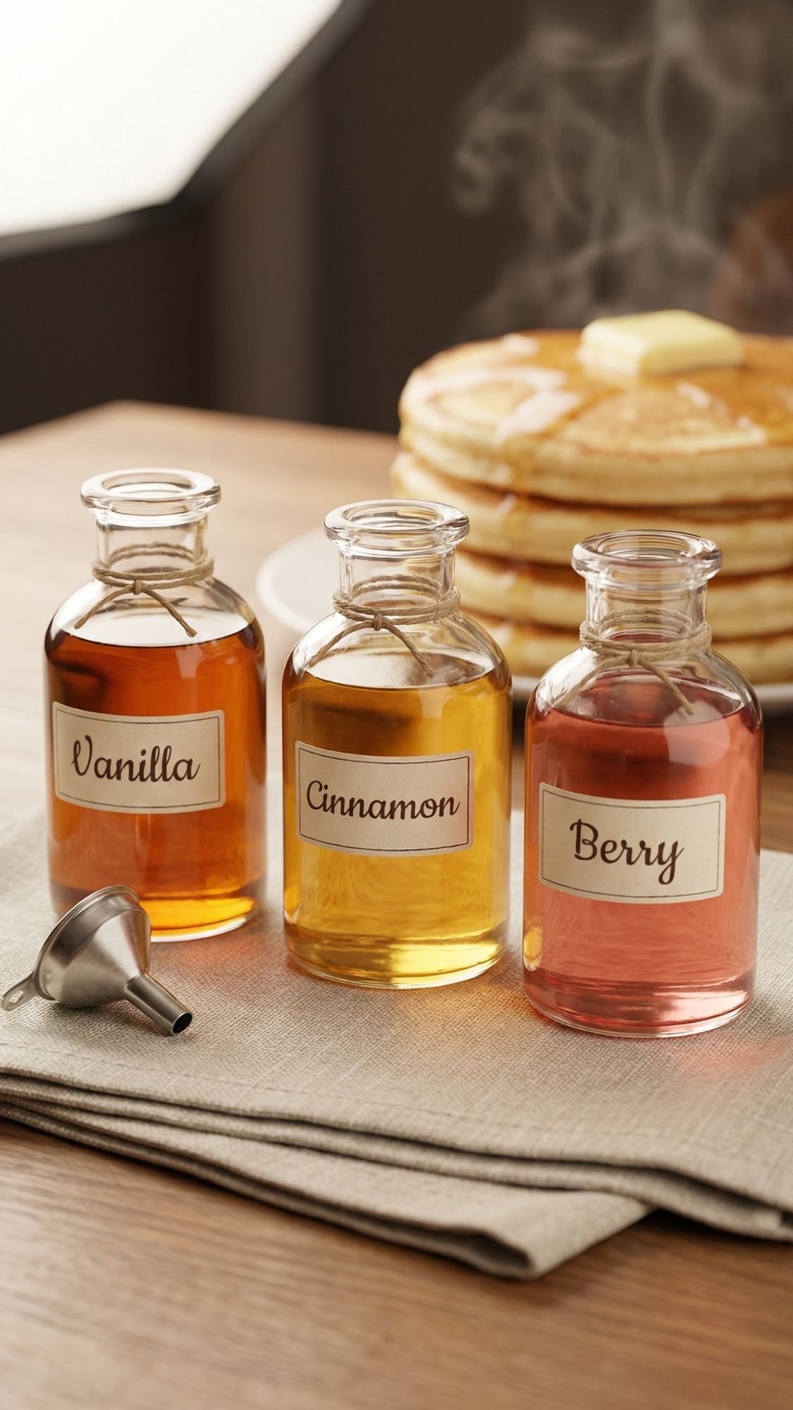 Three glass bottles labeled Vanilla, Cinnamon, and Berry sit on a napkin next to a metal funnel, with a stack of pancakes and syrup in the background—perfect DIY gifts for Mom or for serving breakfast in bed. Steam rises from the warm pancakes.