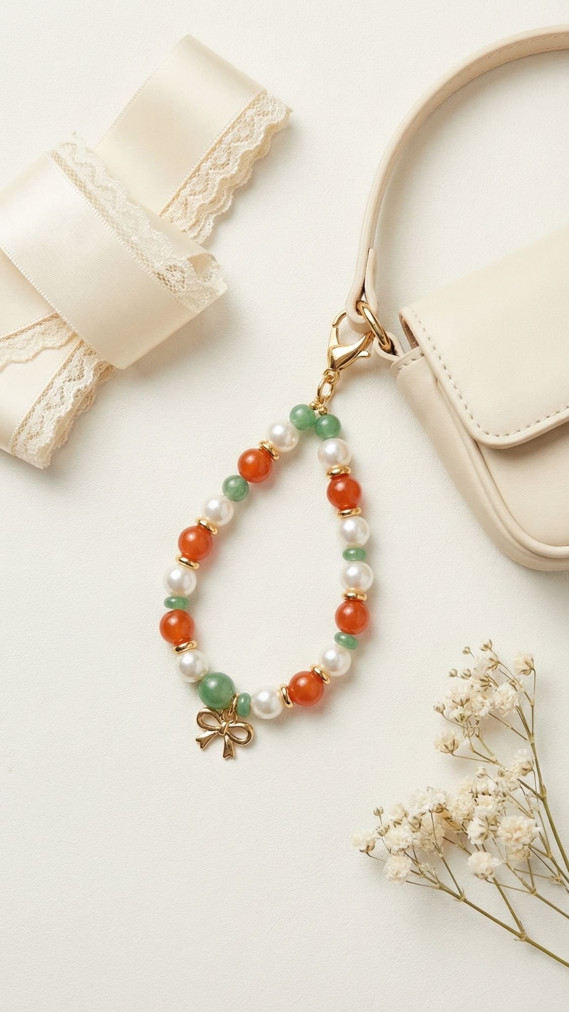 A beaded strap with green, orange, and white pearls, featuring a small gold bow charm, lies beside a cream handbag, lace ribbon, and dried flowers—perfect as easy handmade gifts or birthday gifts for best friend.