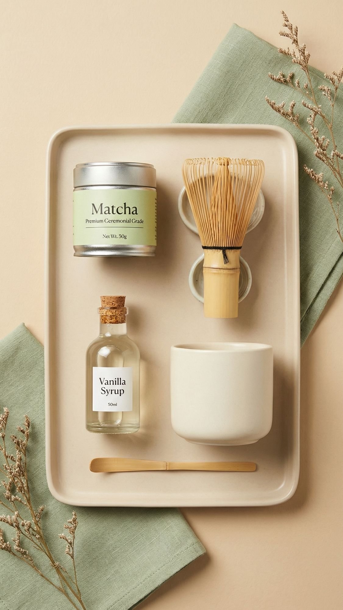 A tray perfect for DIY gifts or breakfast in bed for mom, featuring a tin of matcha, a matcha whisk, two small white bowls, vanilla syrup, a white cup, and a wooden stirrer. Green napkins and dried flowers complete the cozy setup.
